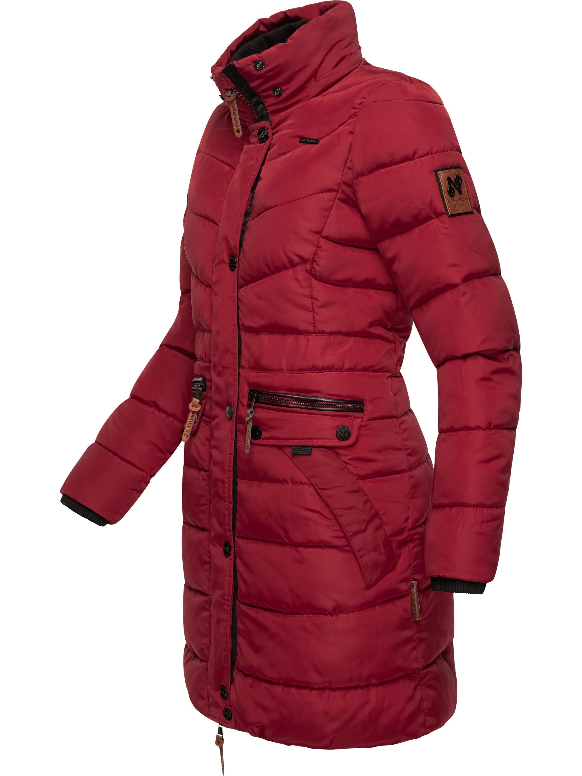Langer Winter Steppmantel mit Kunstfellkapuze "Paula" Dark Red with black fur