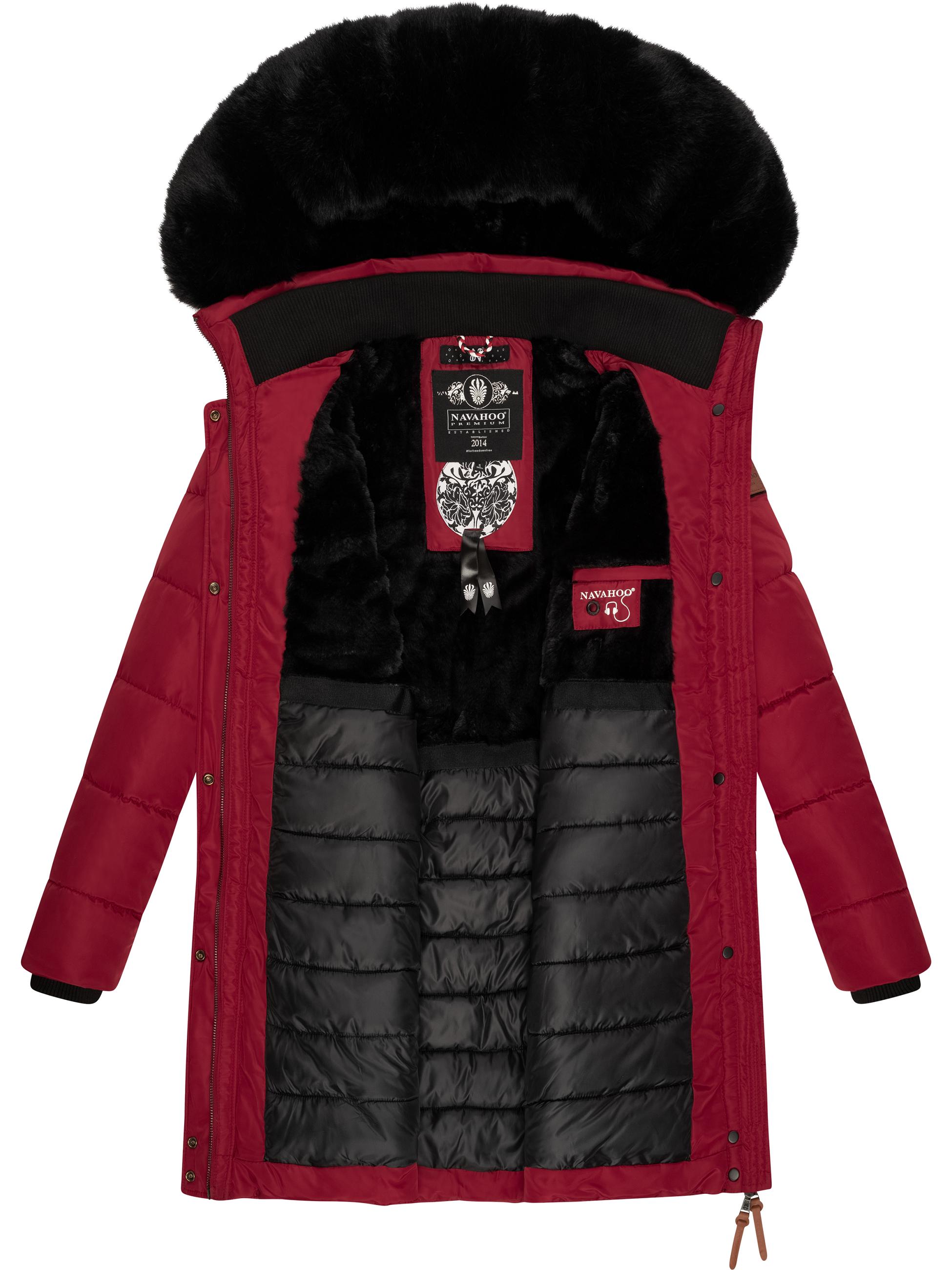 Langer Winter Steppmantel mit Kunstfellkapuze "Paula" Dark Red with black fur