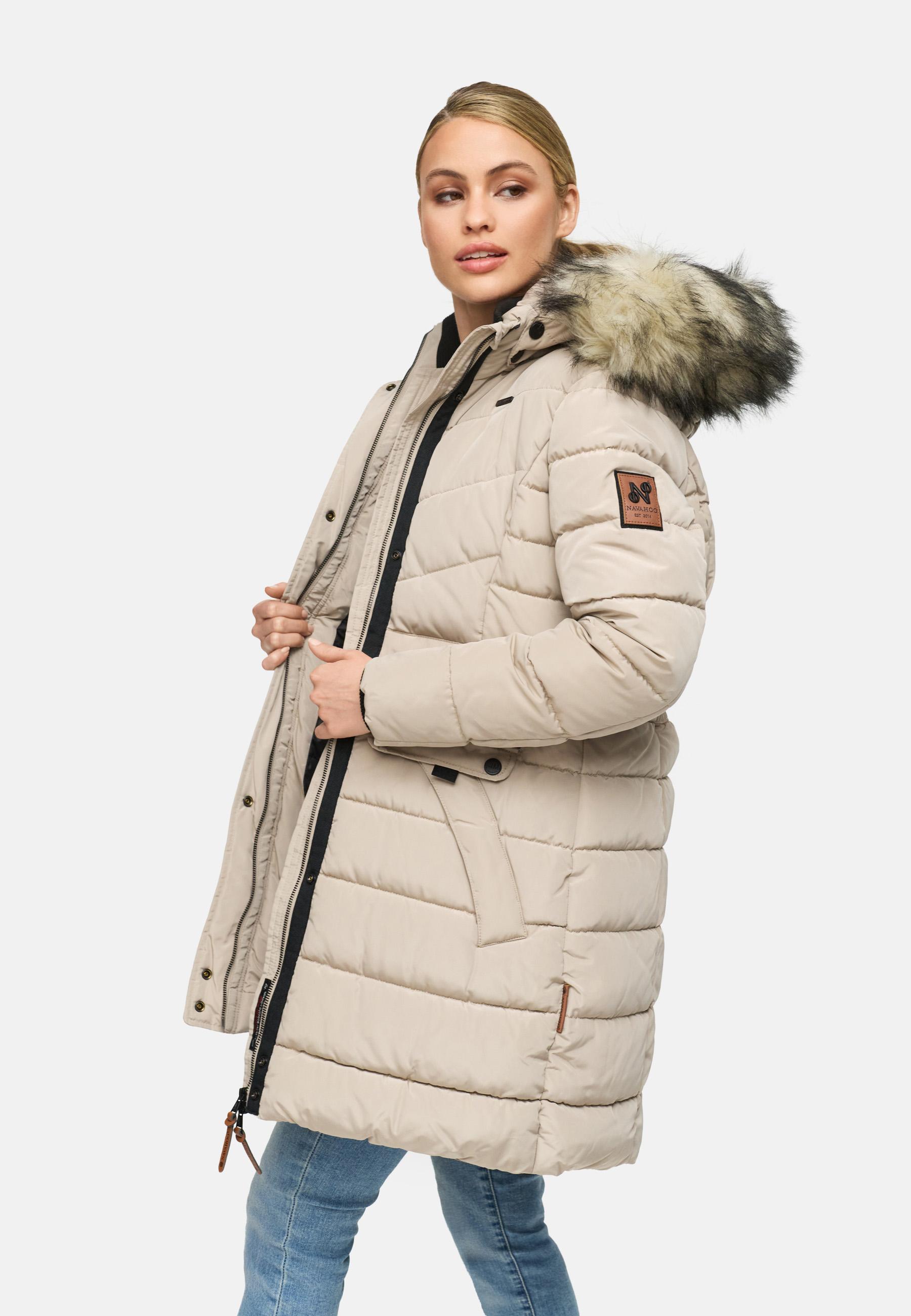 Langer Winter Steppmantel mit Kunstfellkapuze "Paula" Light Taupe