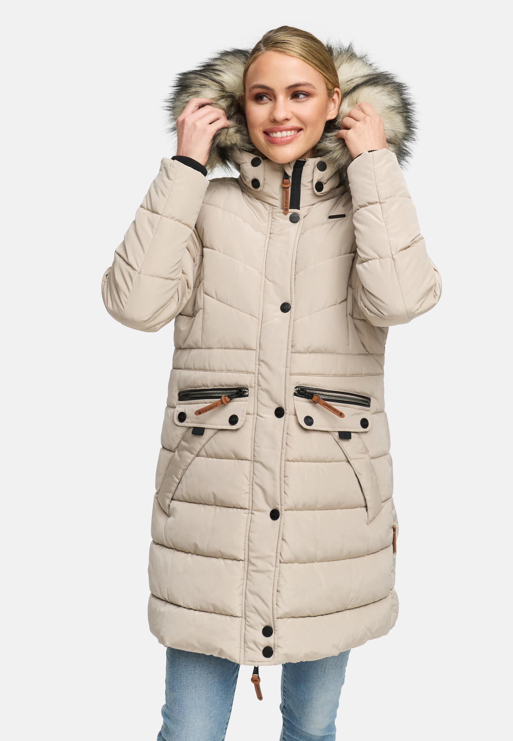 Langer Winter Steppmantel mit Kunstfellkapuze "Paula" Light Taupe