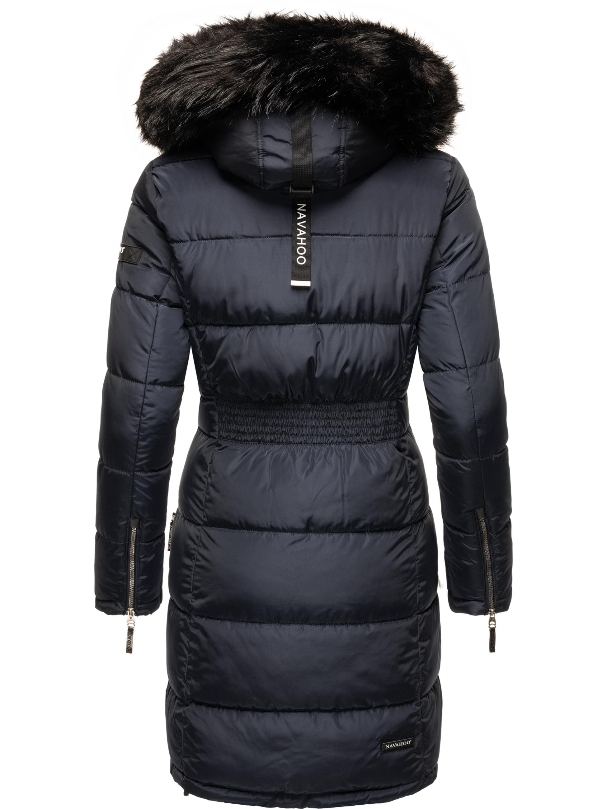 Langer Winter Steppmantel mit Kunstfellkapuze "Sinja" Navy