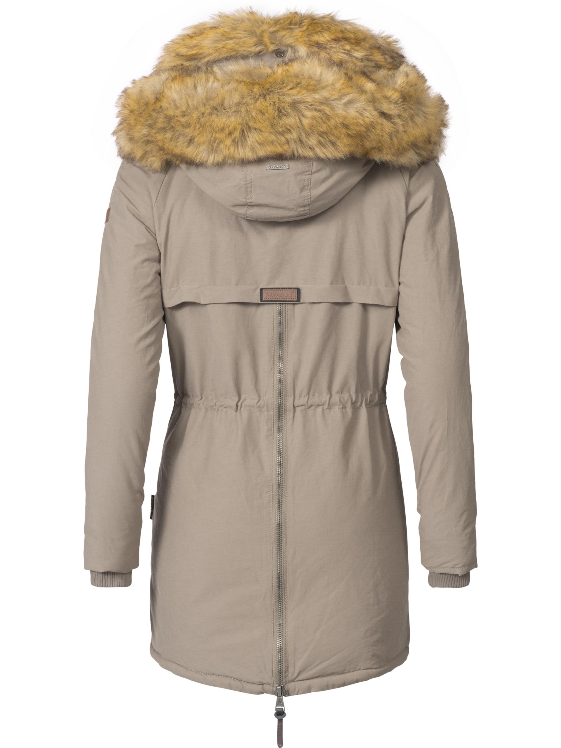 Warmer Wintermantel mit doppelter Kunstpelz-Kapuze "Sweety" Taupe mit braunem Fell