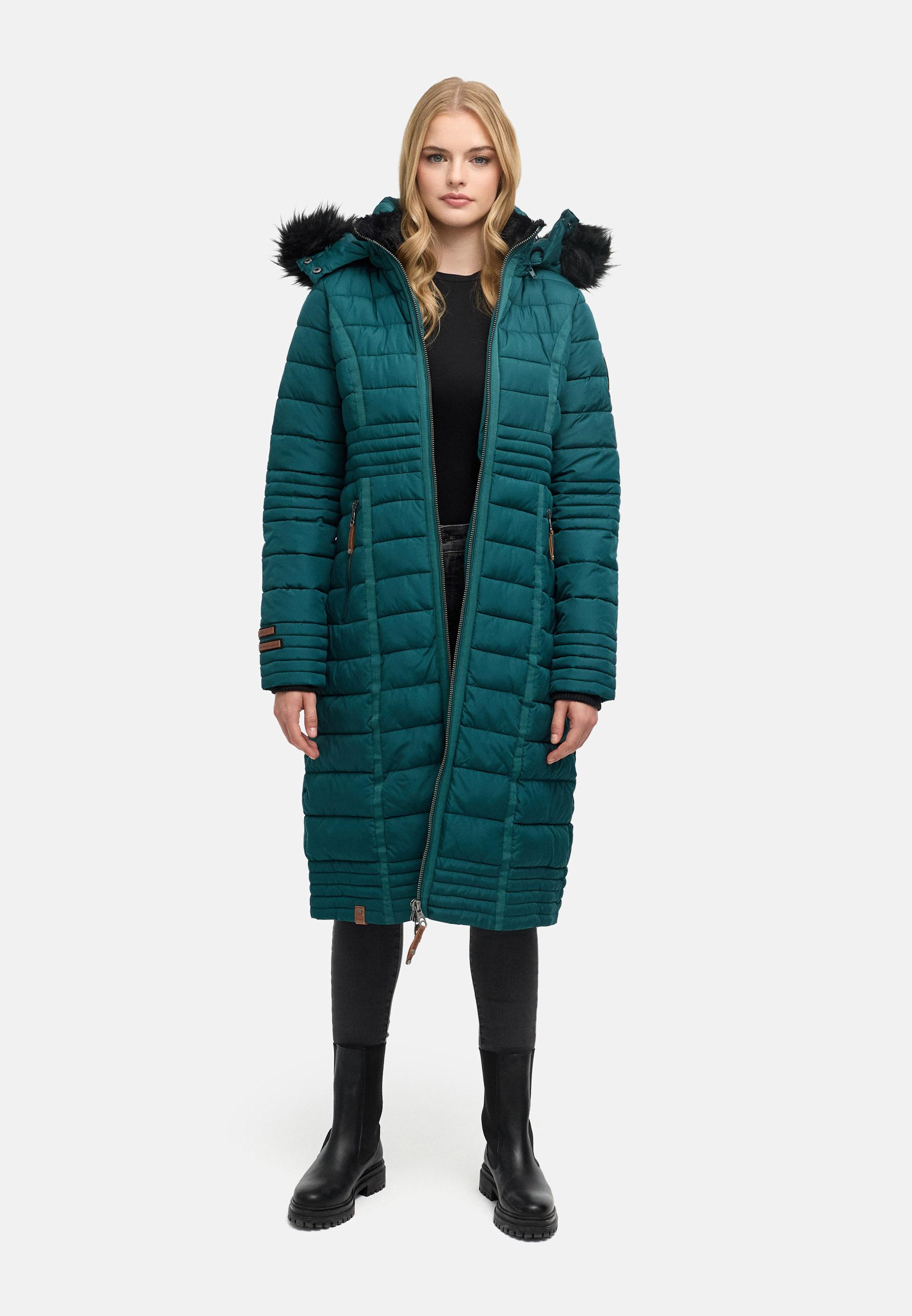 Langer Winter Steppmantel mit Kunstfellkapuze "Umay" Ocean Green