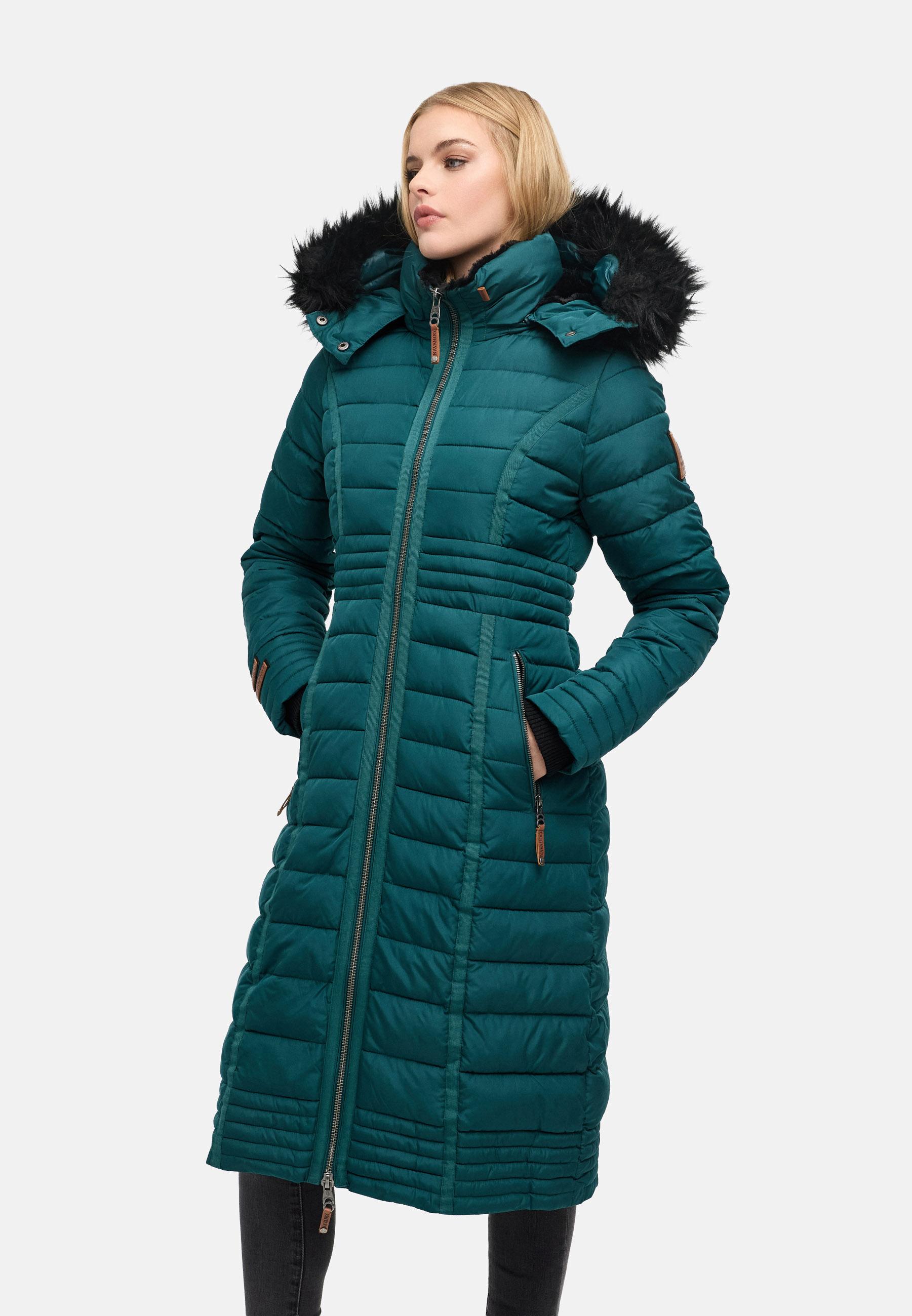 Langer Winter Steppmantel mit Kunstfellkapuze "Umay" Ocean Green