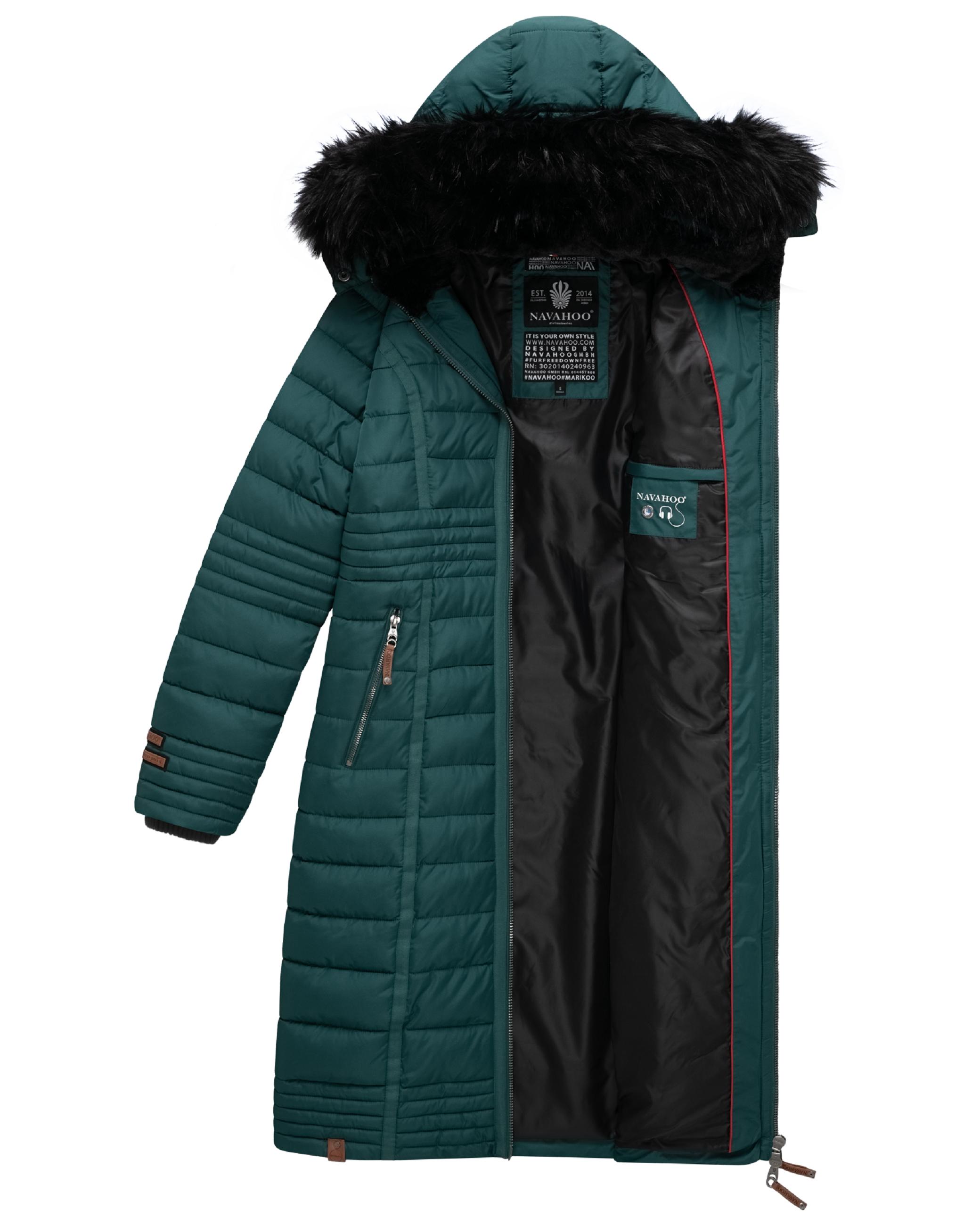 Langer Winter Steppmantel mit Kunstfellkapuze "Umay" Ocean Green