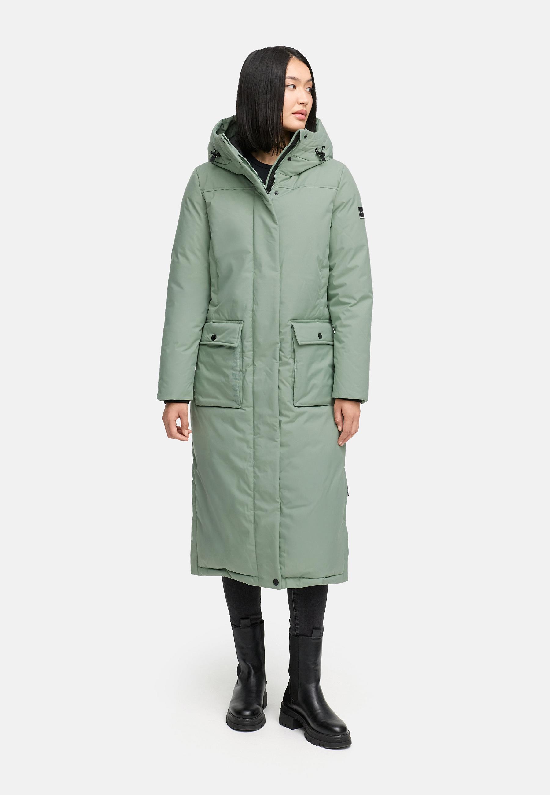 Extralanger Wintermantel mit Kapuze "Wolkenfrost XIV" Smokey Mint