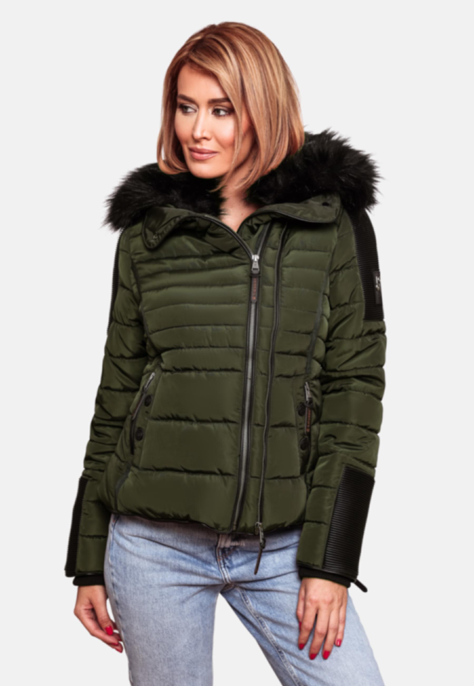 Kurze Winter Steppjacke mit Kapuze "Yuki2" Olive