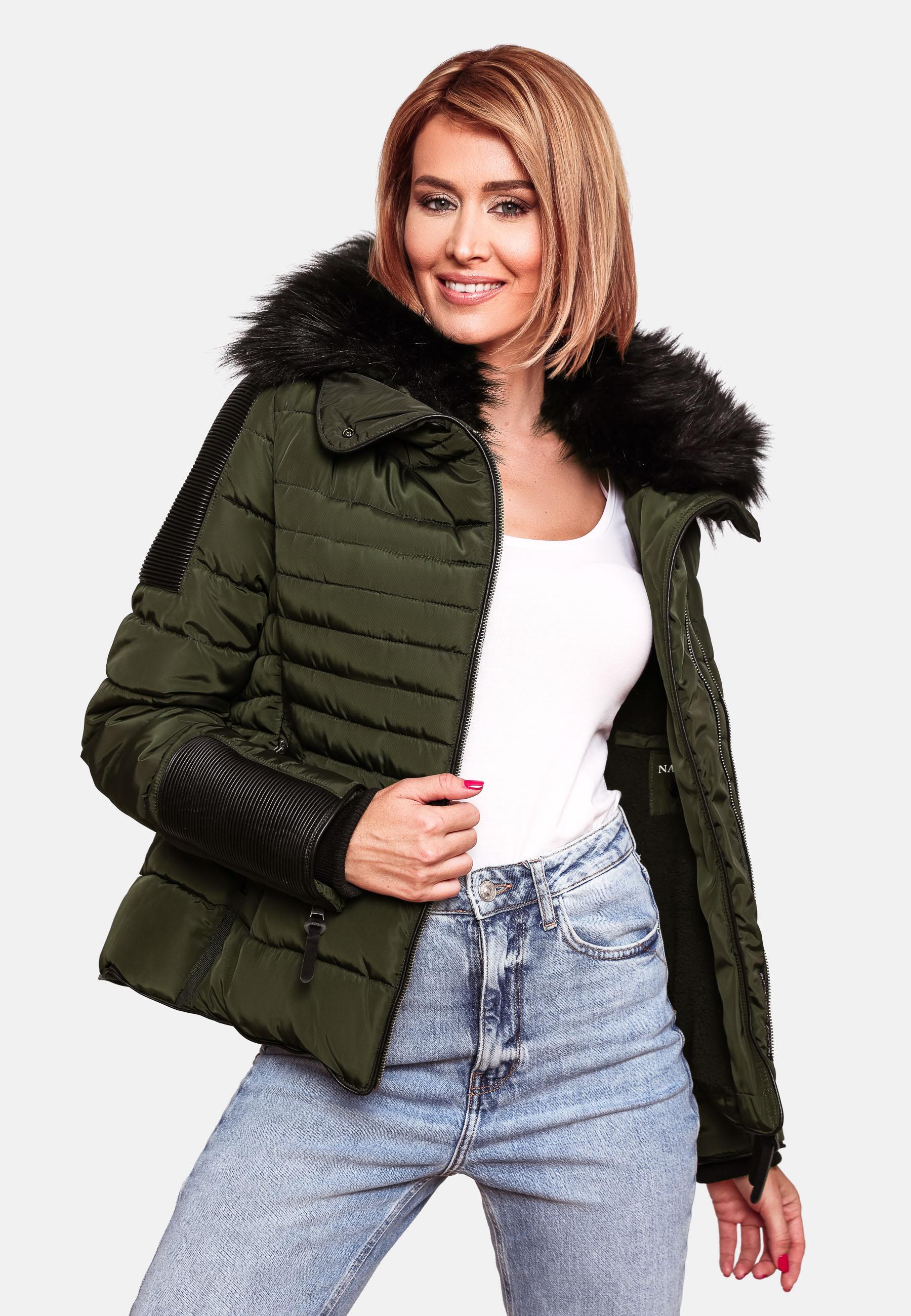 Kurze Winter Steppjacke mit Kapuze "Yuki2" Olive