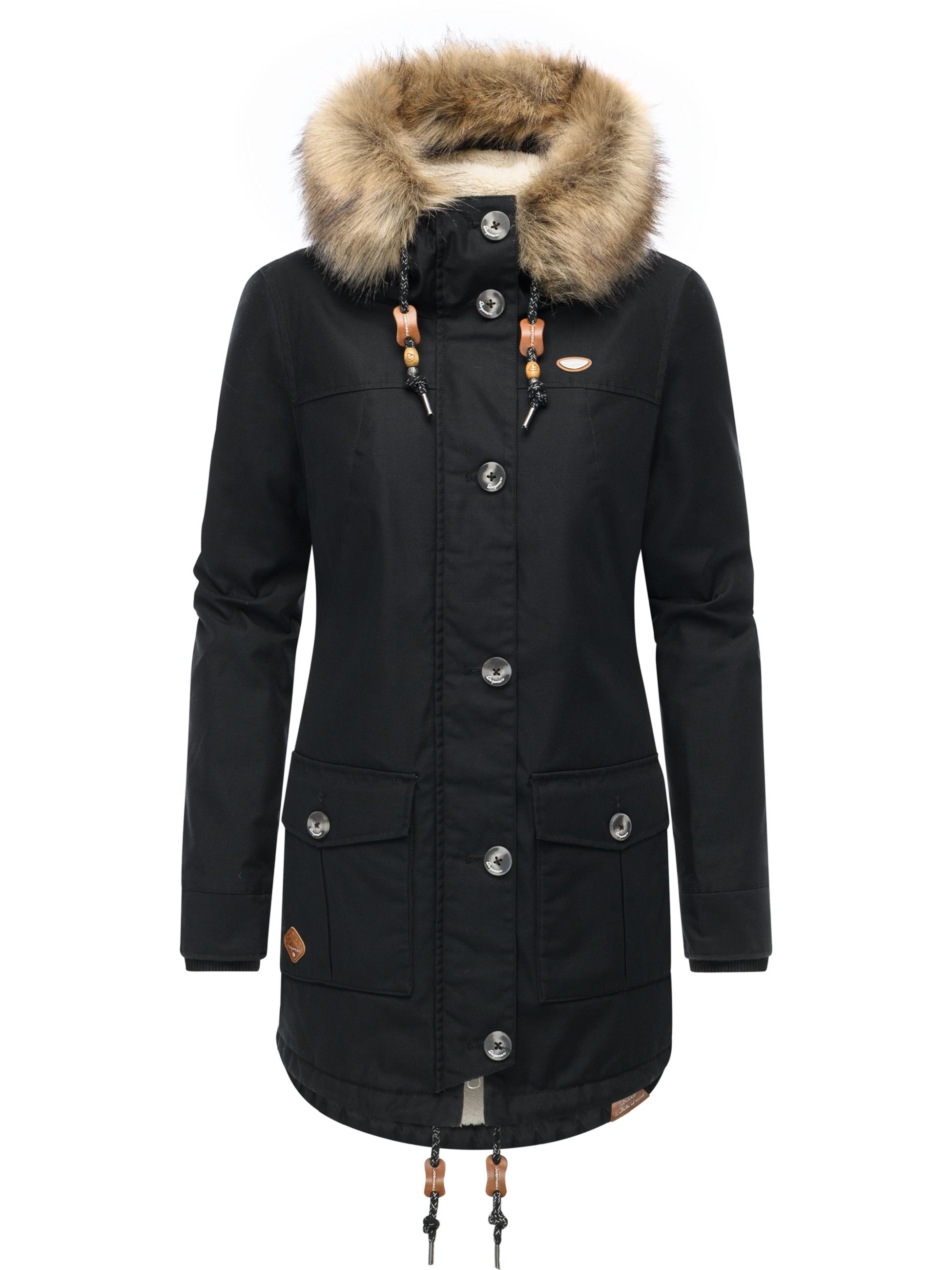 Leicht gefütterte Winterjacke mit Kunstfellkargen und Kapuze "Jane YOUMODO" Black
