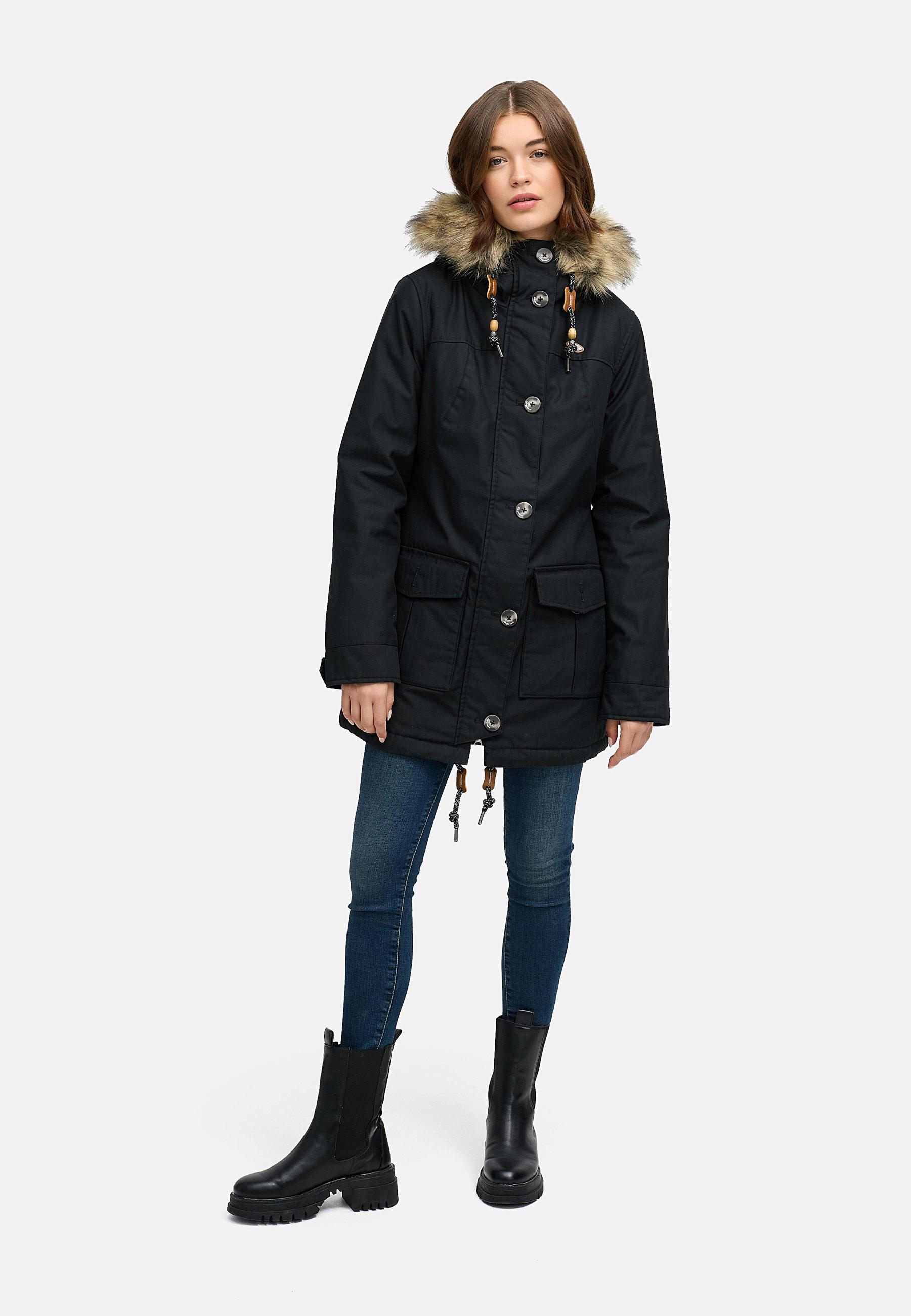 Leicht gefütterte Winterjacke mit Kunstfellkargen und Kapuze "Jane YOUMODO" Black