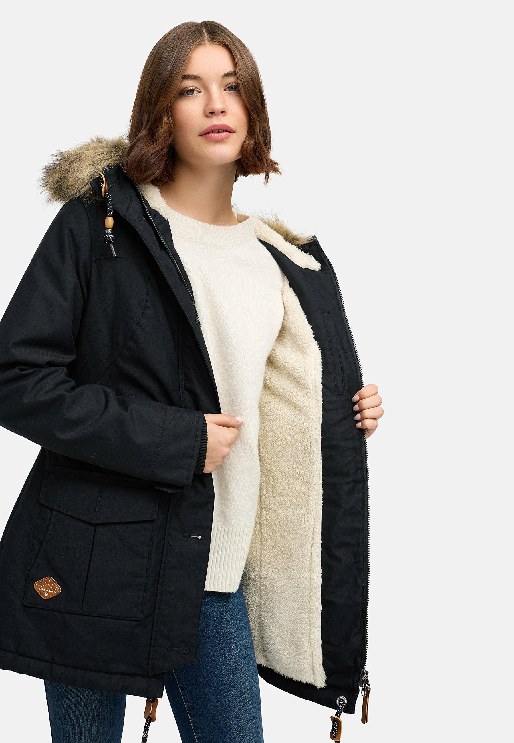 Leicht gefütterte Winterjacke mit Kunstfellkargen und Kapuze "Jane YOUMODO" Black