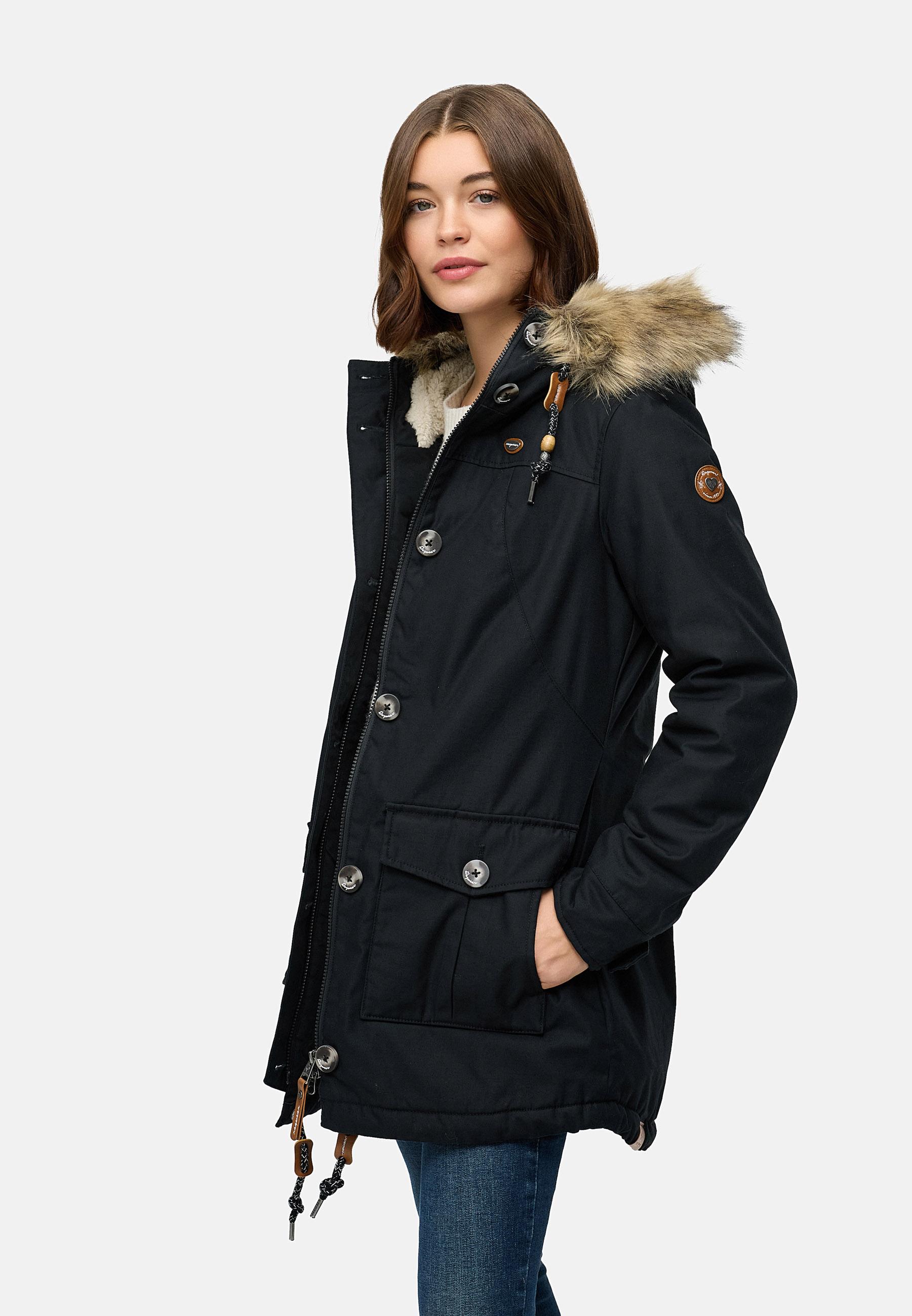Leicht gefütterte Winterjacke mit Kunstfellkargen und Kapuze "Jane YOUMODO" Black