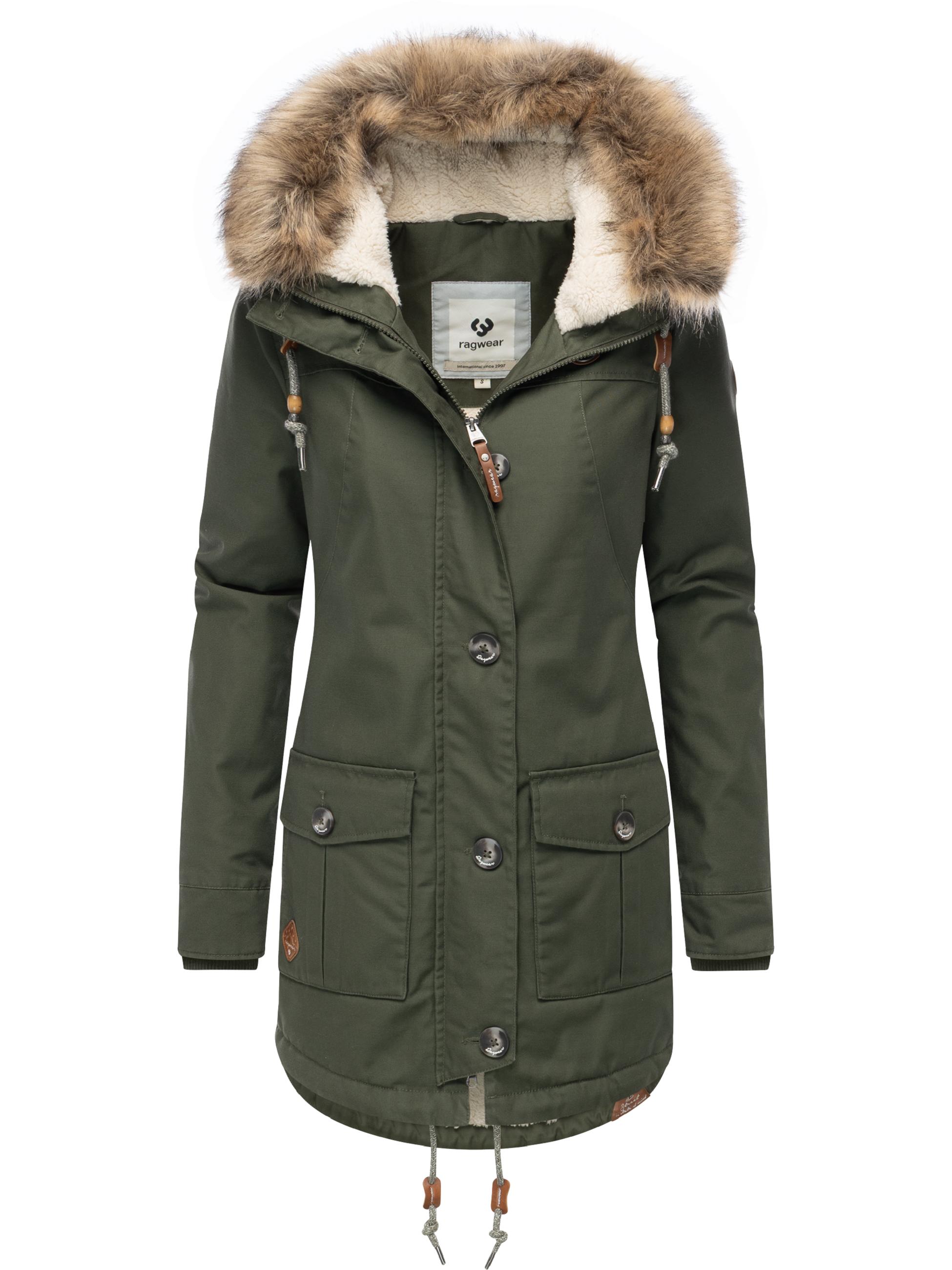 Leicht gefütterte Winterjacke mit Kunstfellkargen und Kapuze "Jane YOUMODO" Dark Olive