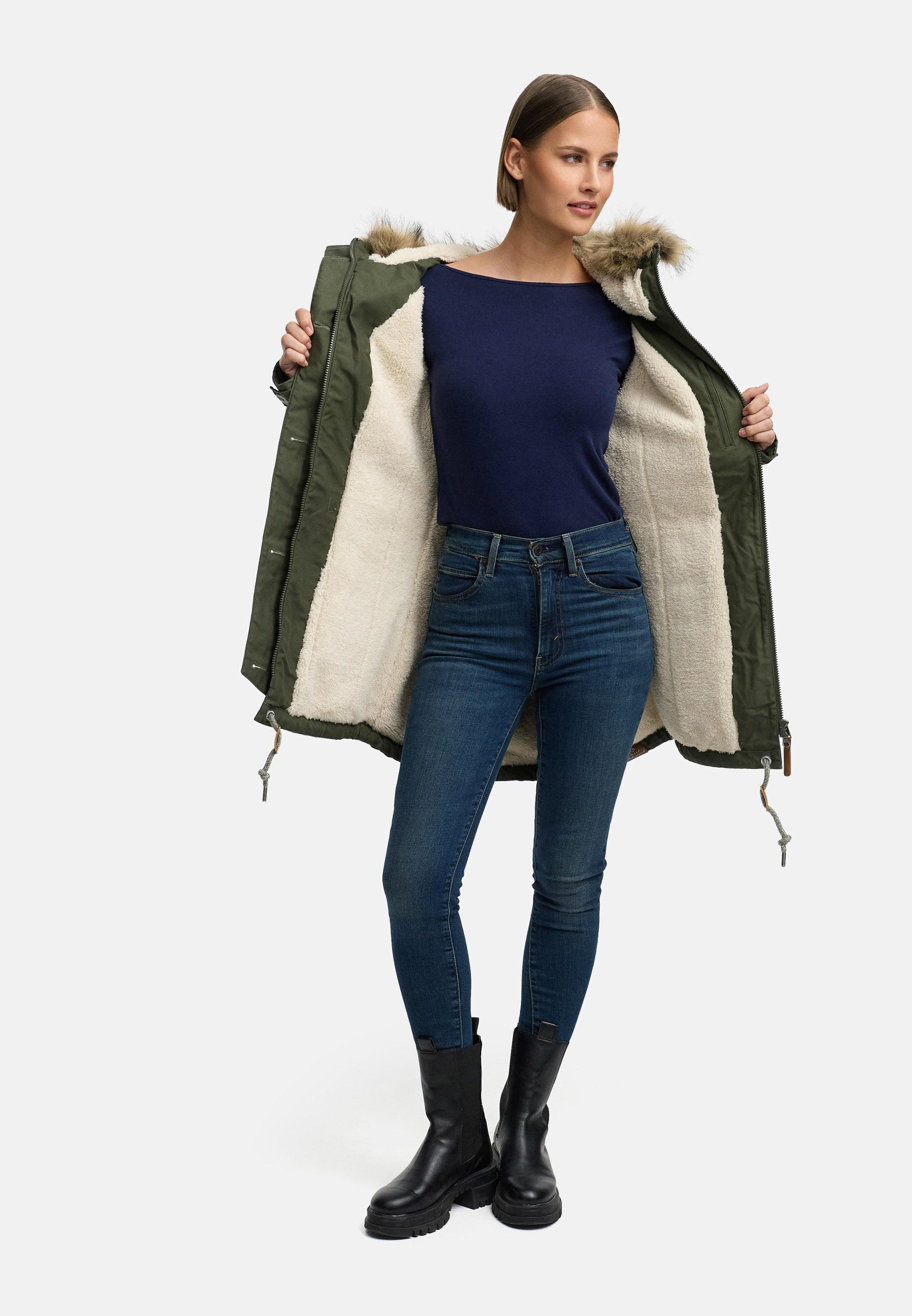 Leicht gefütterte Winterjacke mit Kunstfellkragen und Kapuze "Jane YOUMODO" Dark Olive