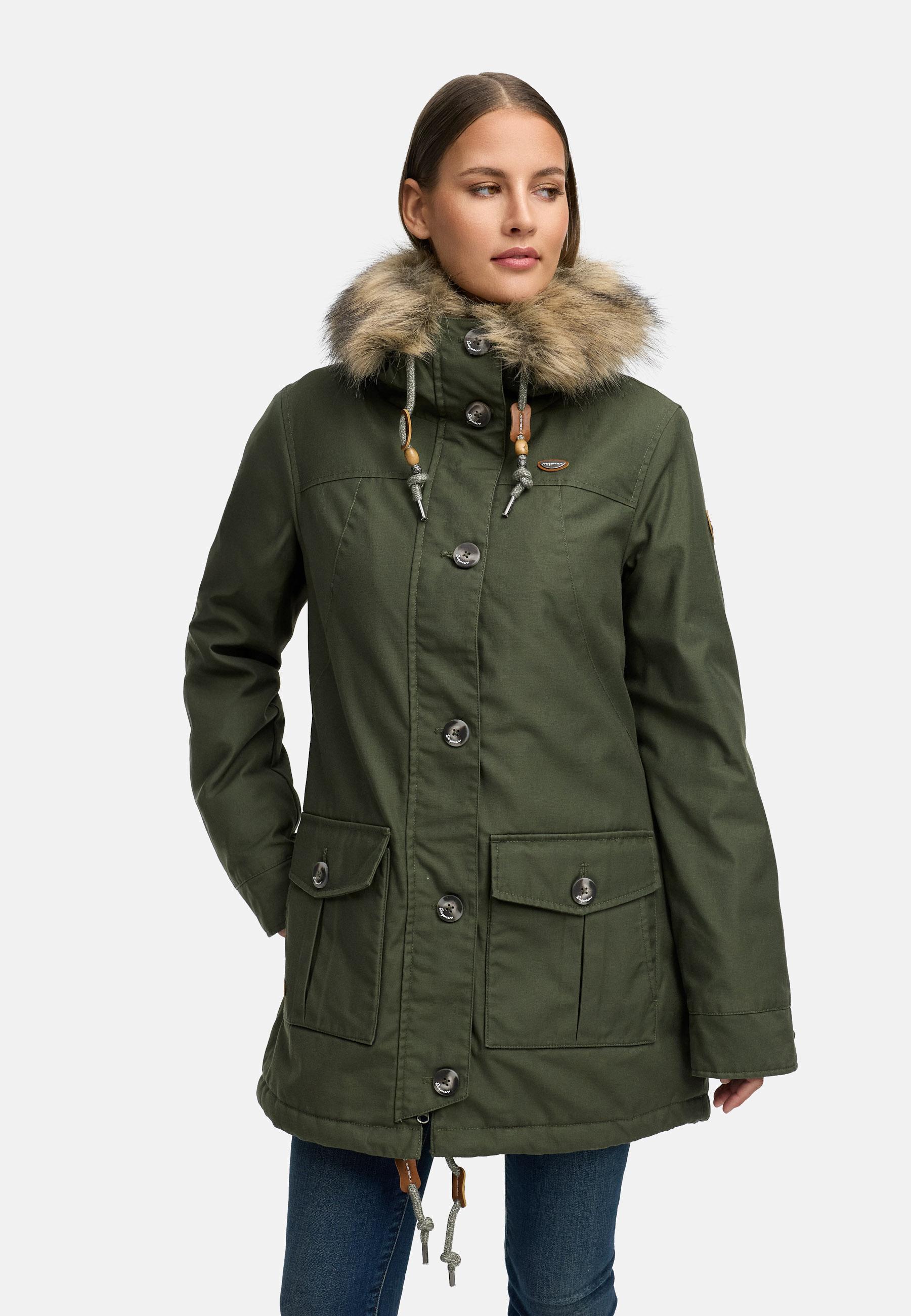 Leicht gefütterte Winterjacke mit Kunstfellkragen und Kapuze "Jane YOUMODO" Dark Olive
