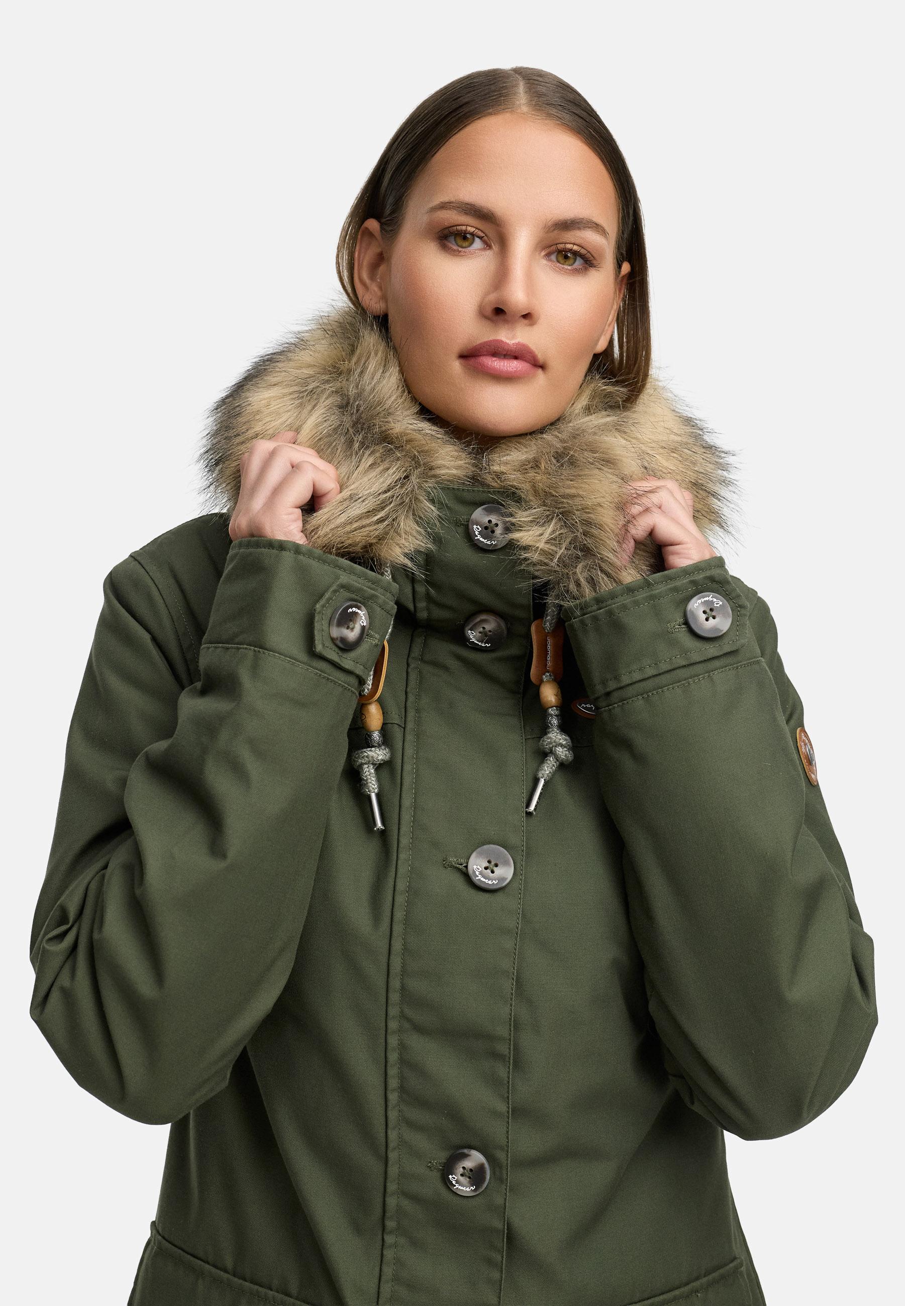 Leicht gefütterte Winterjacke mit Kunstfellkragen und Kapuze "Jane YOUMODO" Dark Olive