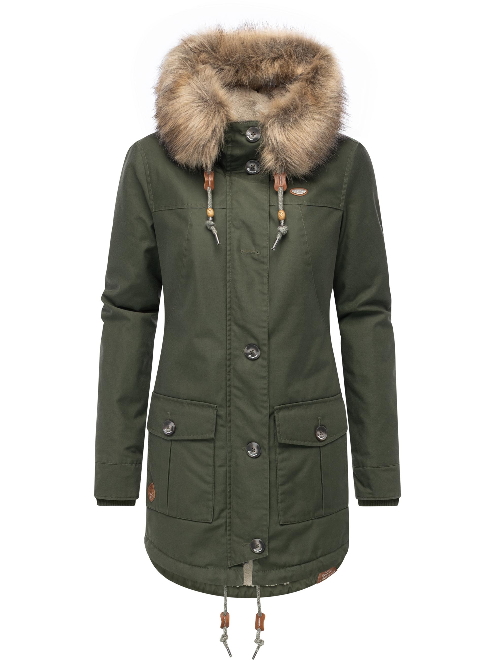 Leicht gefütterte Winterjacke mit Kunstfellkargen und Kapuze "Jane YOUMODO" Dark Olive