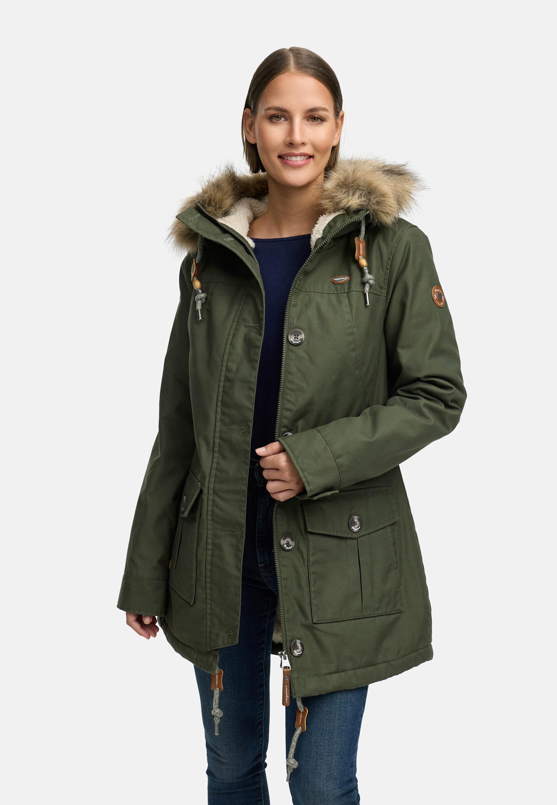 Leicht gefütterte Winterjacke mit Kunstfellkragen und Kapuze "Jane YOUMODO" Dark Olive
