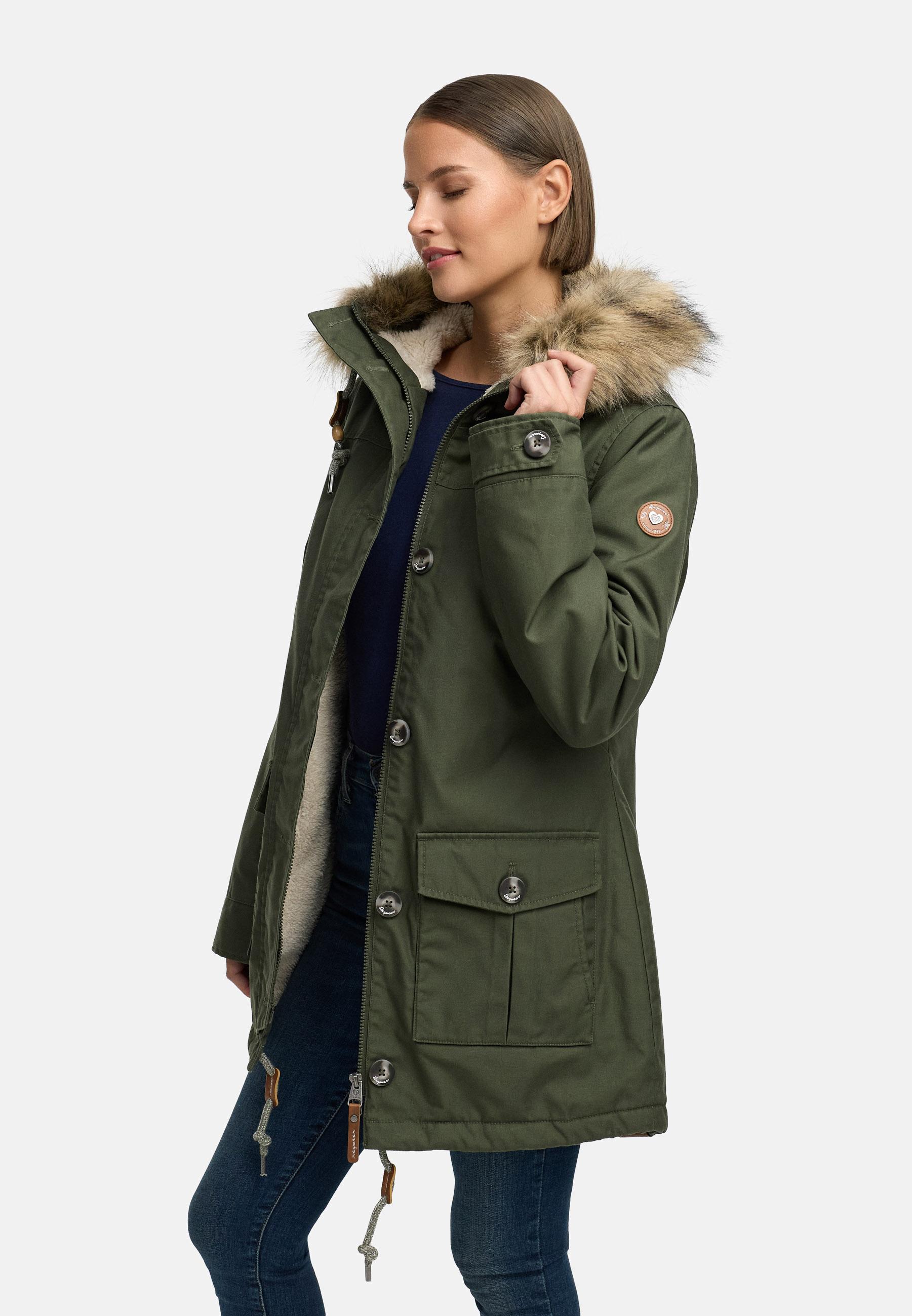 Leicht gefütterte Winterjacke mit Kunstfellkragen und Kapuze "Jane YOUMODO" Dark Olive