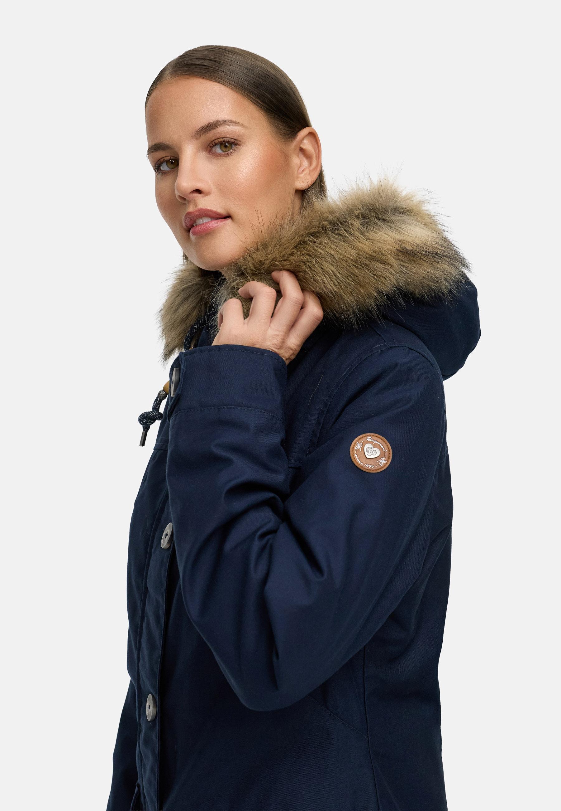 Leicht gefütterte Winterjacke mit Kunstfellkragen und Kapuze "Jane YOUMODO" Navy
