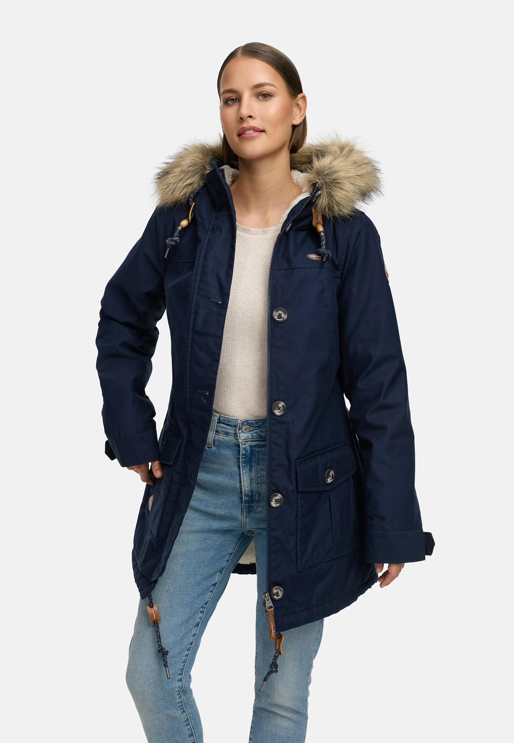 Leicht gefütterte Winterjacke mit Kunstfellkragen und Kapuze "Jane YOUMODO" Navy