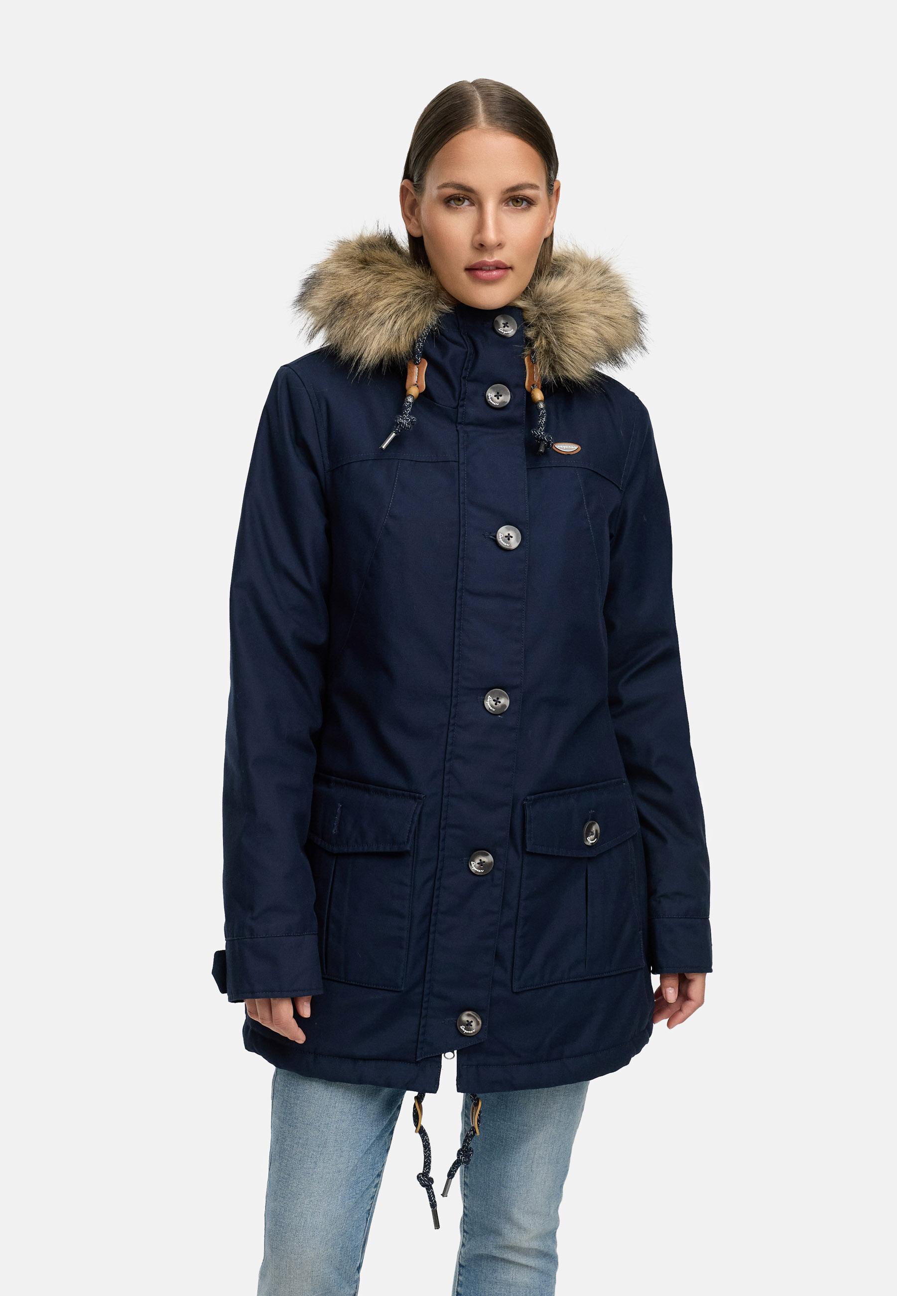 Leicht gefütterte Winterjacke mit Kunstfellkragen und Kapuze "Jane YOUMODO" Navy
