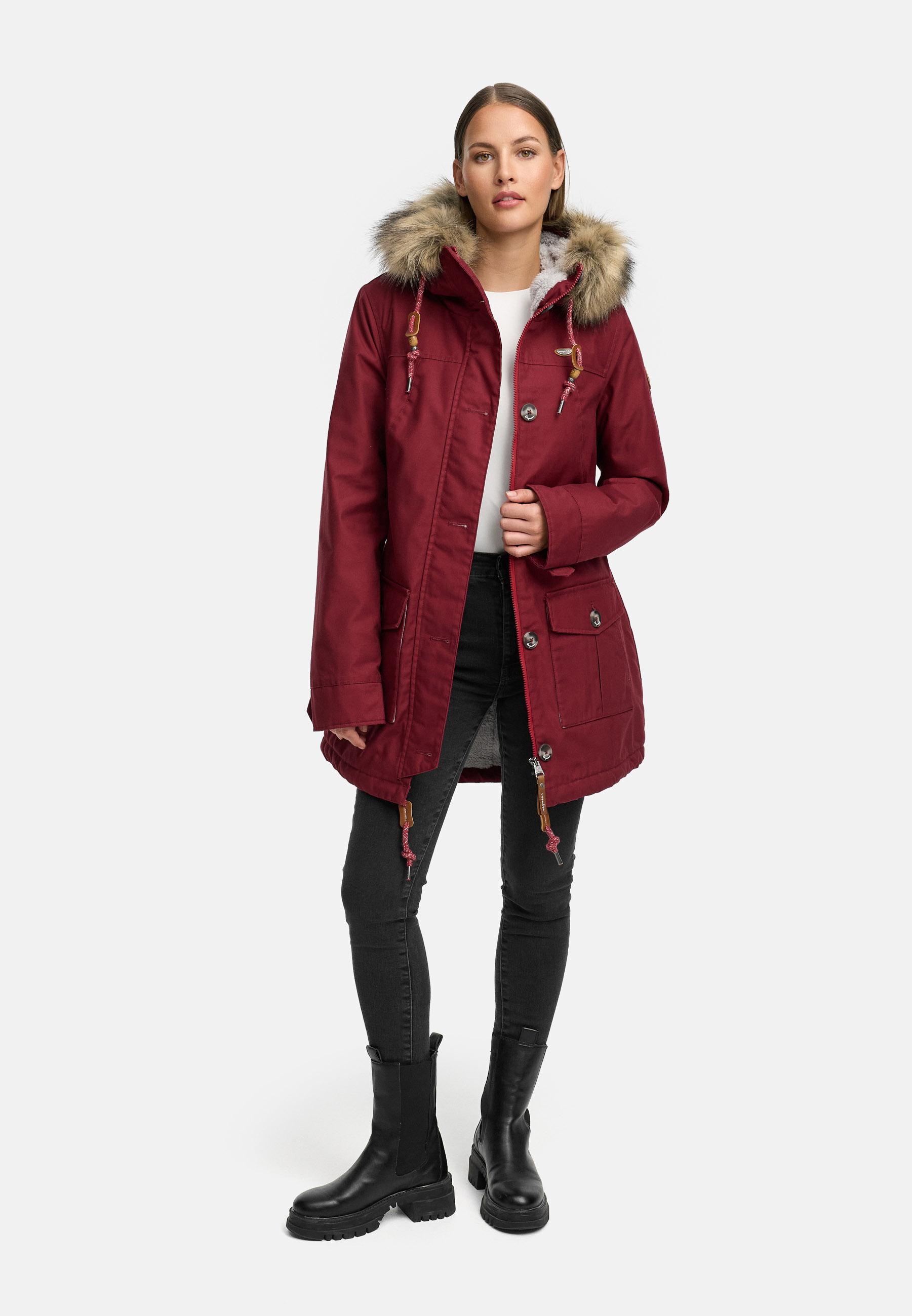 Leicht gefütterte Winterjacke mit Kunstfellkragen und Kapuze "Jane YOUMODO" Wine Red
