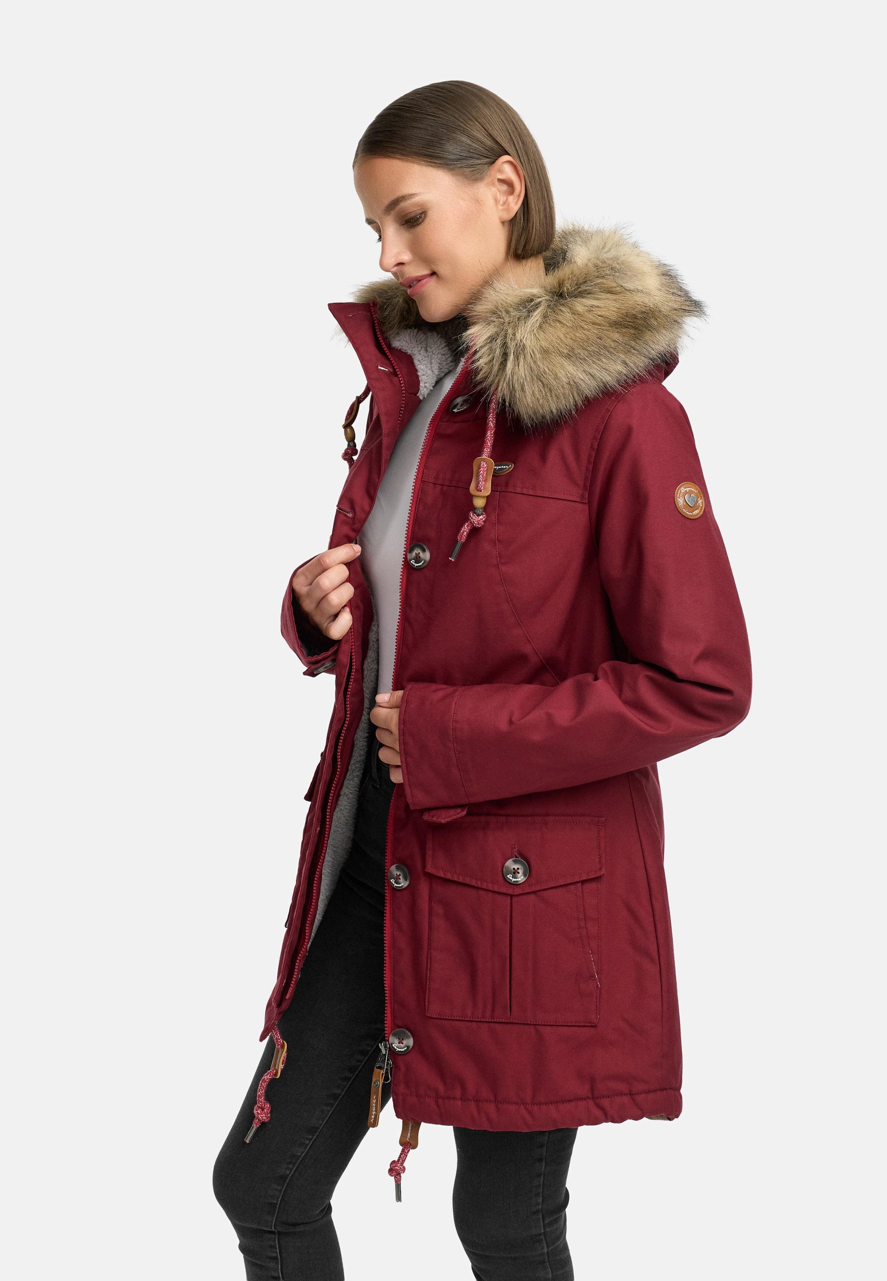 Leicht gefütterte Winterjacke mit Kunstfellkragen und Kapuze "Jane YOUMODO" Wine Red