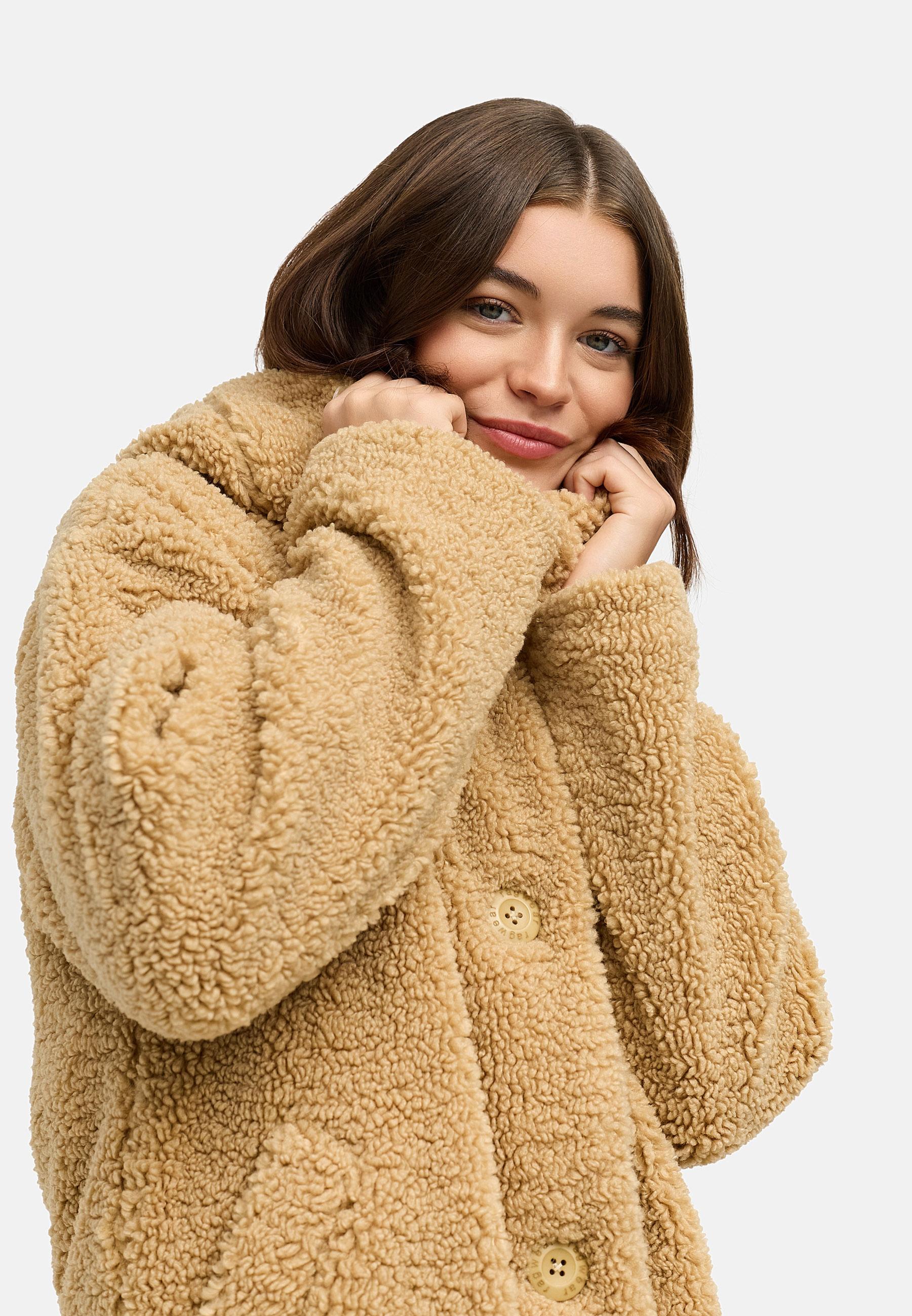 Plüschmantel mit Kapuze "Joonie" Camel