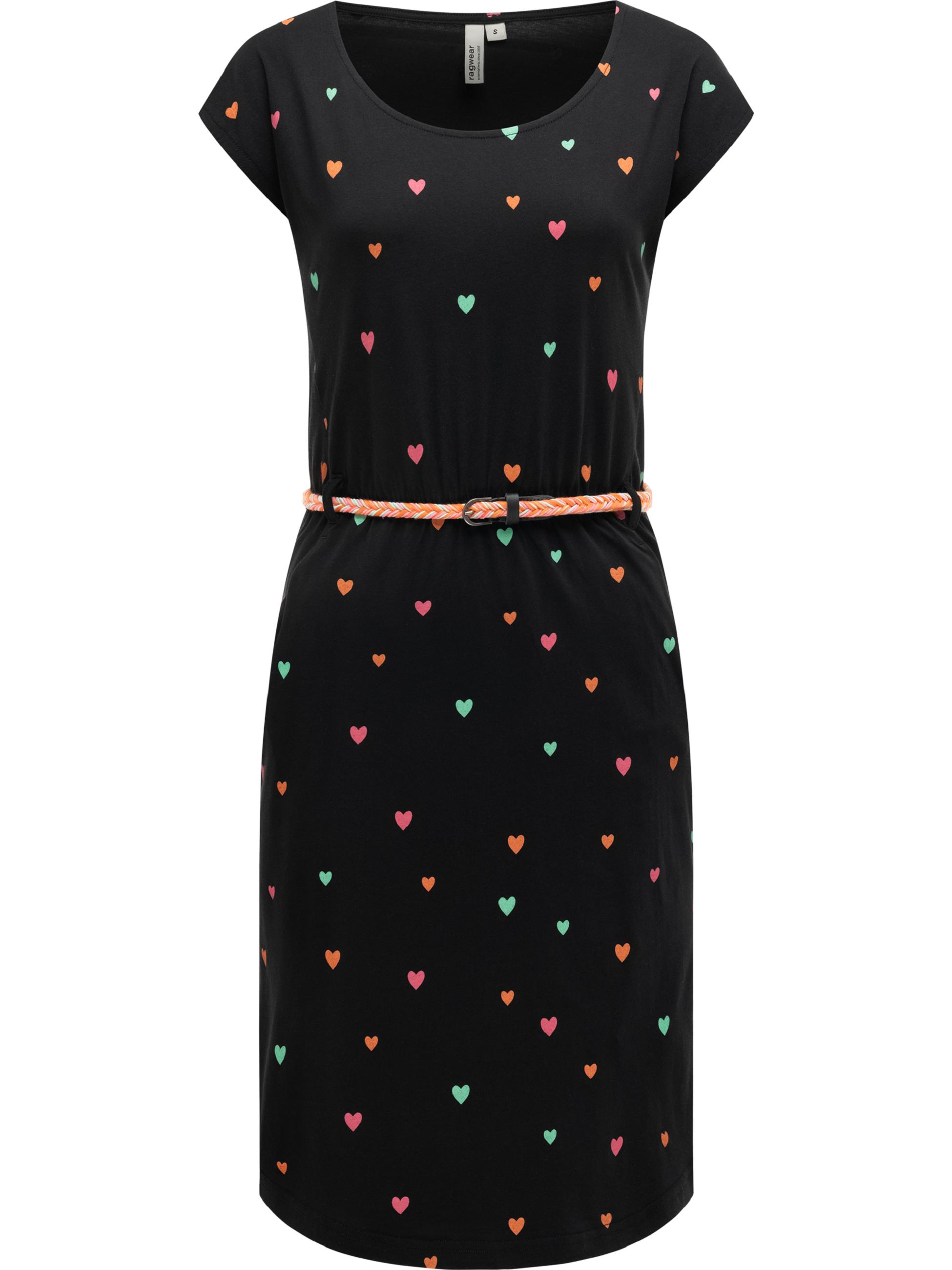 Kurzarm Midikleid mit Herz-Print und Taillengürtel "Lilithe Hearts YOUMODO" Black