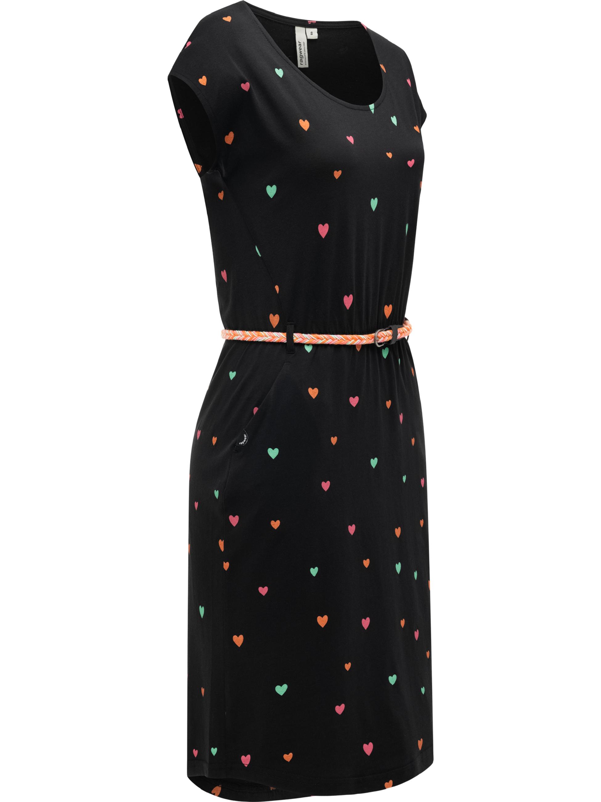 Kurzarm Midikleid mit Herz-Print und Taillengürtel "Lilithe Hearts YOUMODO" Black
