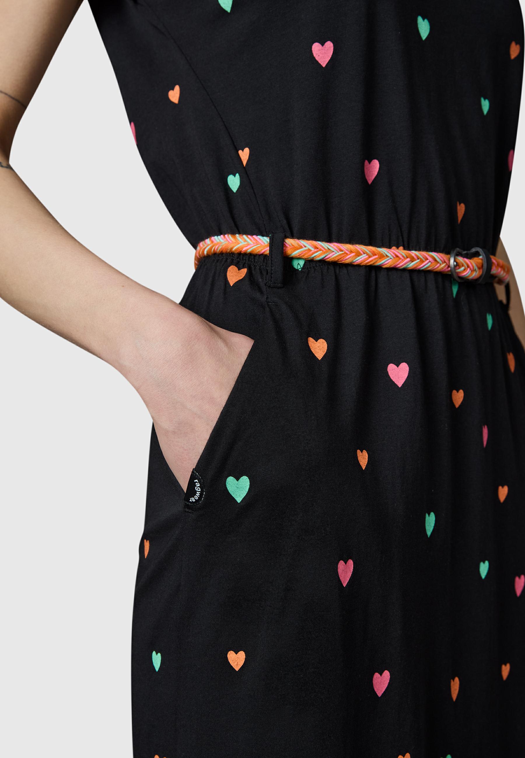 Kurzarm Midikleid mit Herz-Print und Taillengürtel "Lilithe Hearts YOUMODO" Black