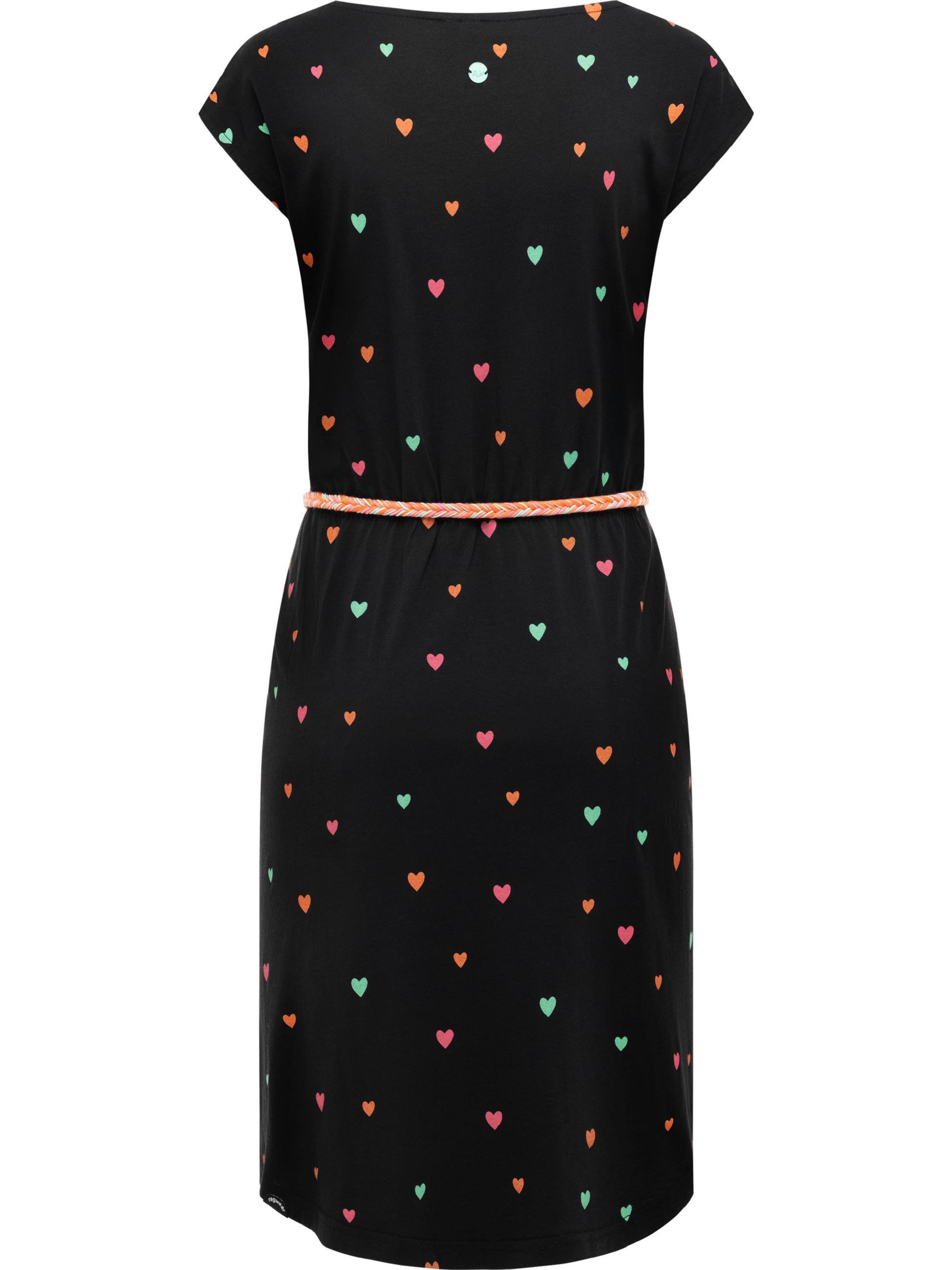 Kurzarm Midikleid mit Herz-Print und Taillengürtel "Lilithe Hearts YOUMODO" Black