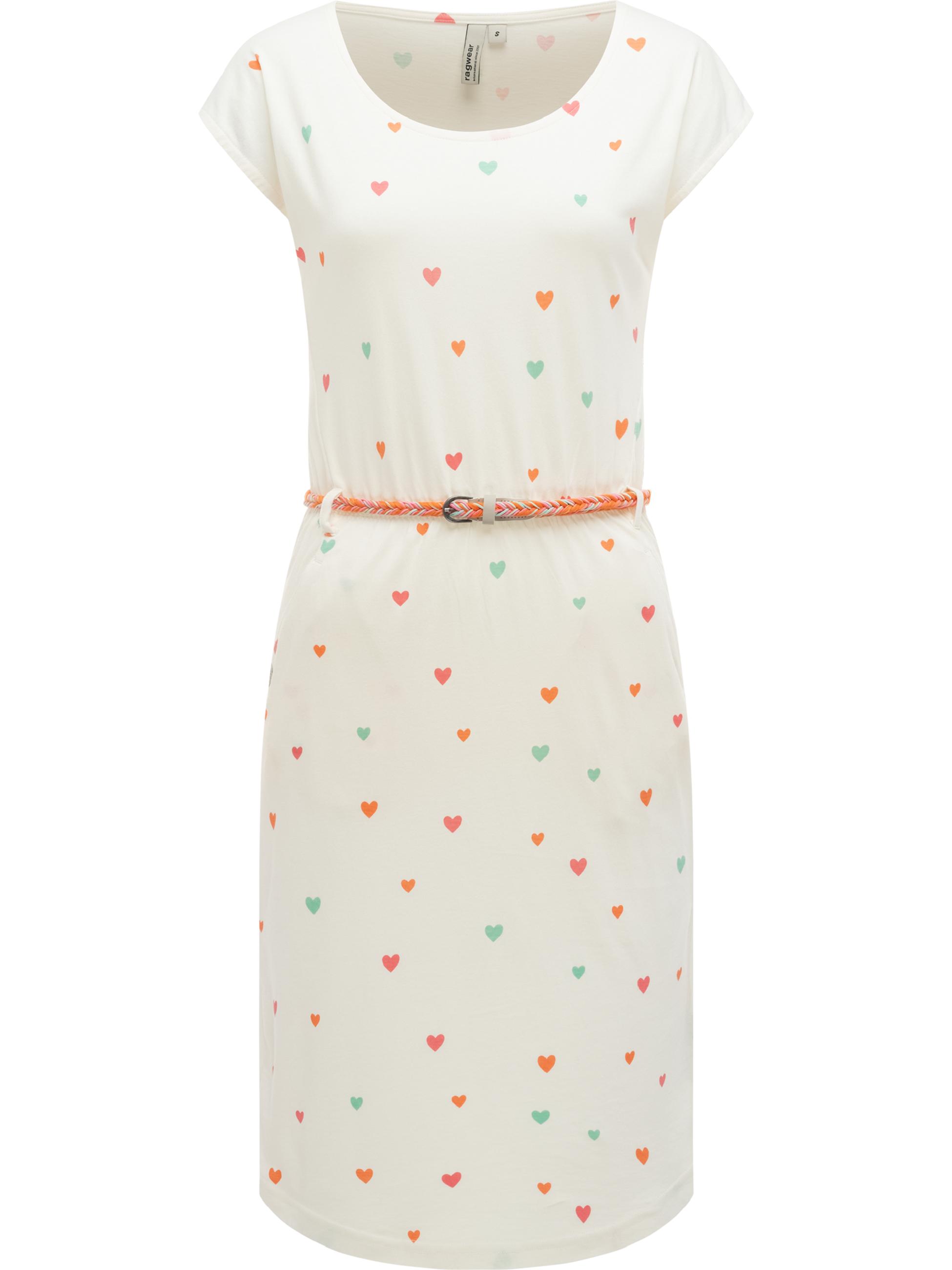 Kurzarm Midikleid mit Herz-Print und Taillengürtel "Lilithe Hearts YOUMODO" Ivory