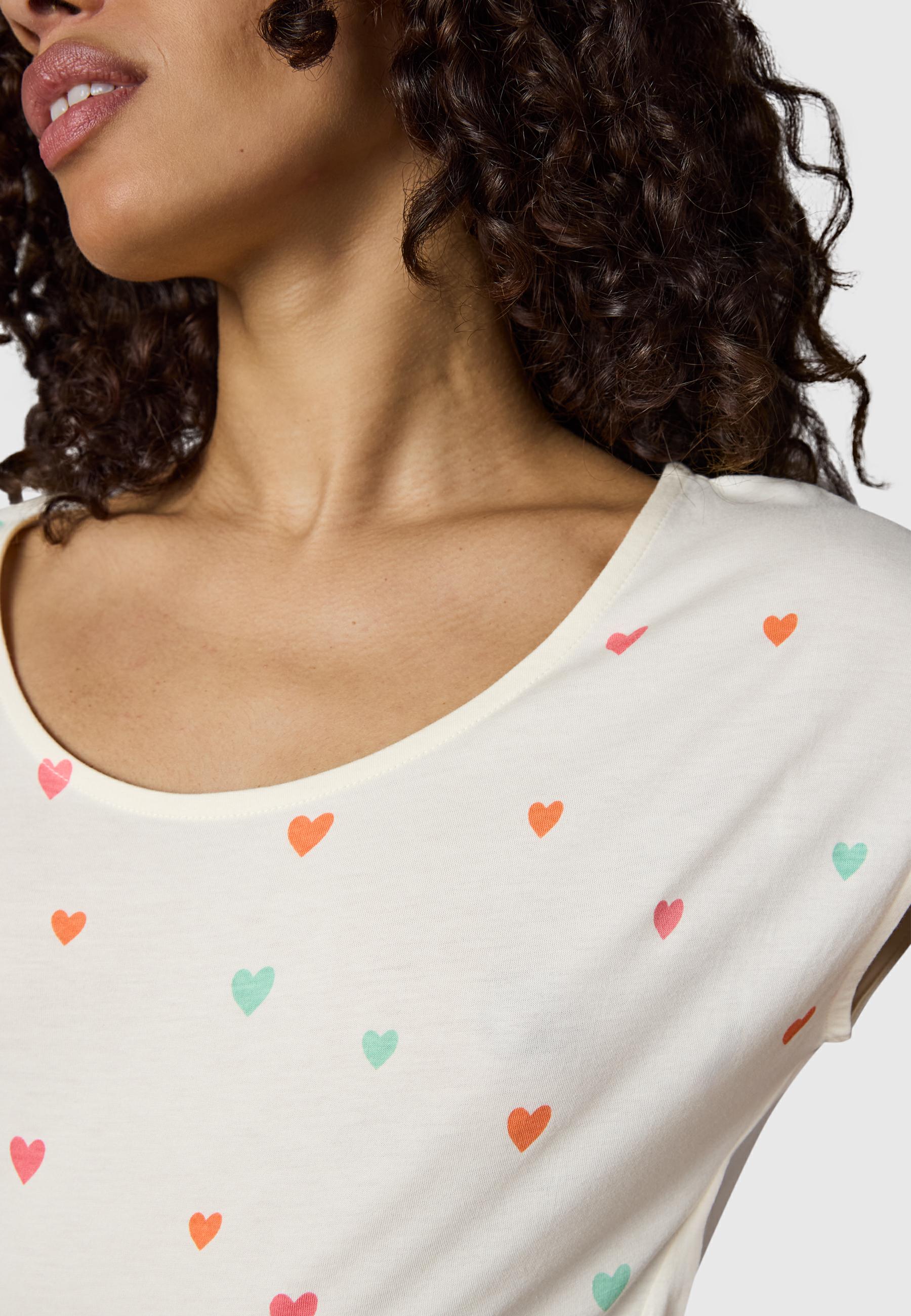 Kurzarm Midikleid mit Herz-Print und Taillengürtel "Lilithe Hearts YOUMODO" Ivory