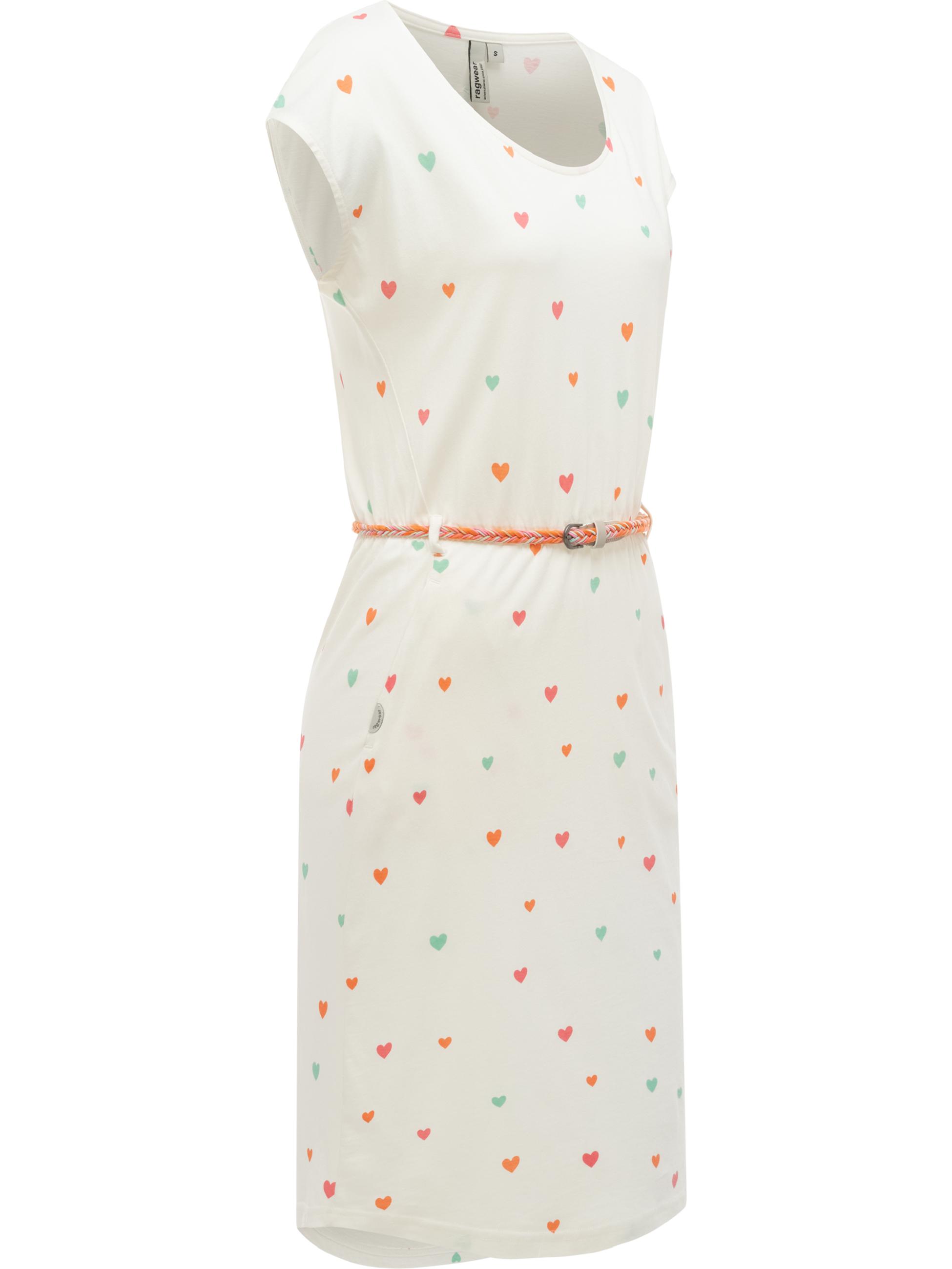 Kurzarm Midikleid mit Herz-Print und Taillengürtel "Lilithe Hearts YOUMODO" Ivory