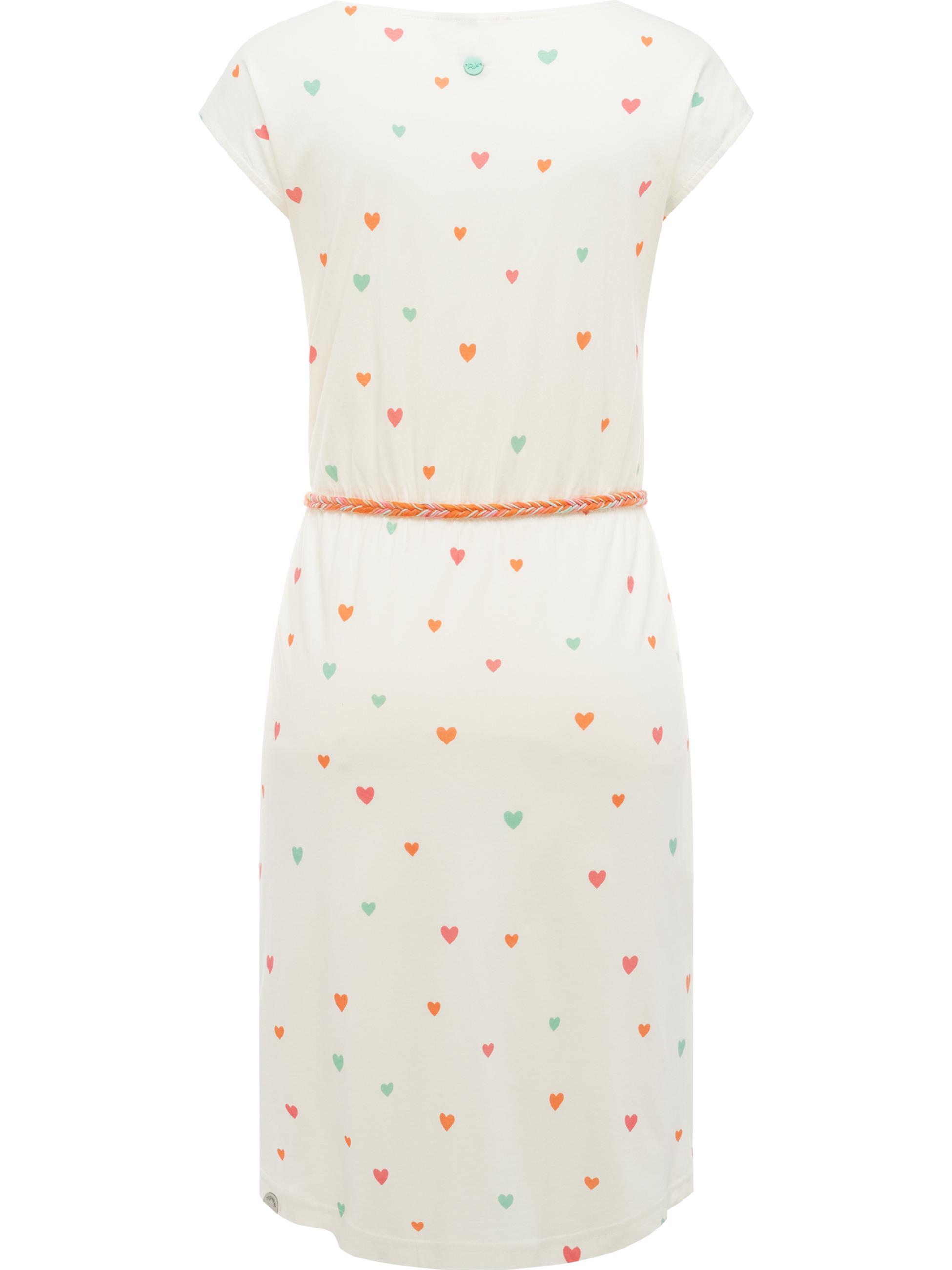 Kurzarm Midikleid mit Herz-Print und Taillengürtel "Lilithe Hearts YOUMODO" Ivory