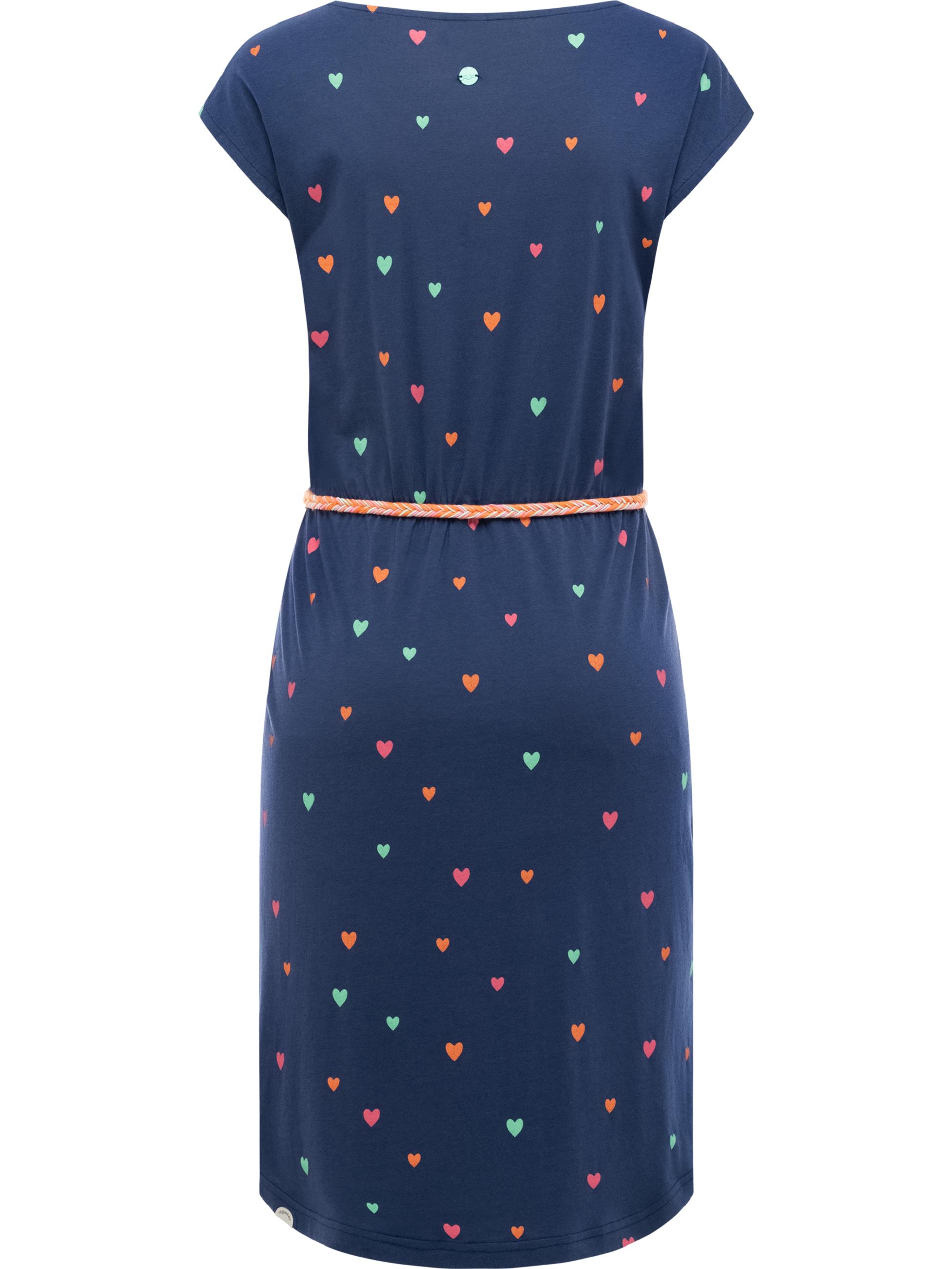 Kurzarm Midikleid mit Herz-Print und Taillengürtel "Lilithe Hearts YOUMODO" Night Blue