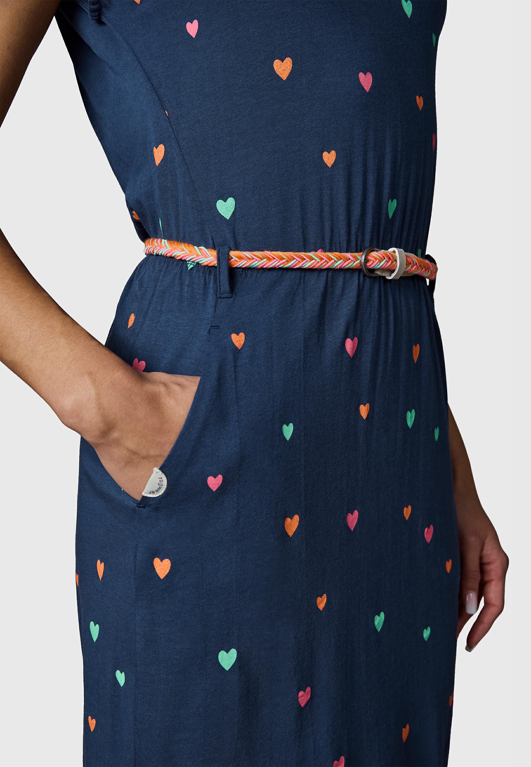 Kurzarm Midikleid mit Herz-Print und Taillengürtel "Lilithe Hearts YOUMODO" Night Blue