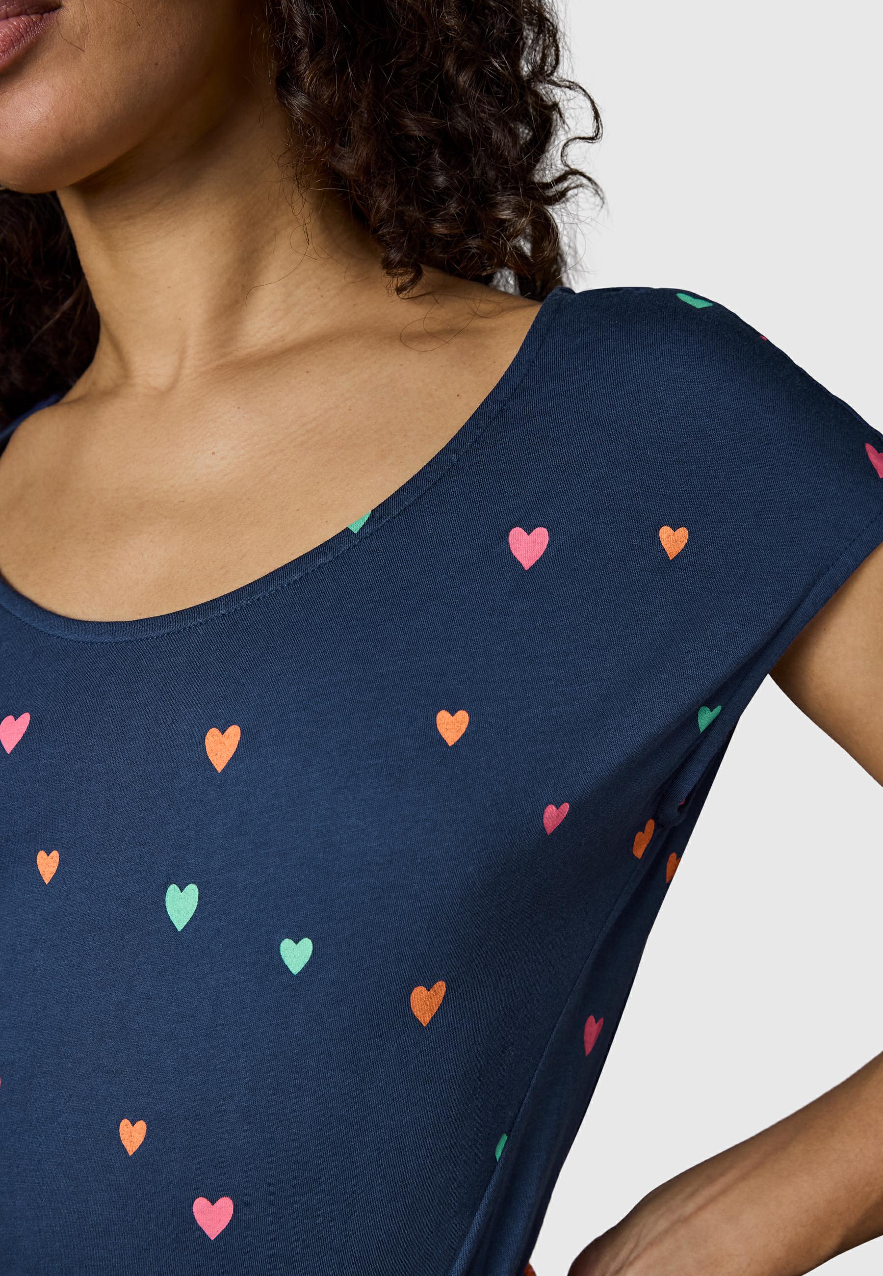 Kurzarm Midikleid mit Herz-Print und Taillengürtel "Lilithe Hearts YOUMODO" Night Blue