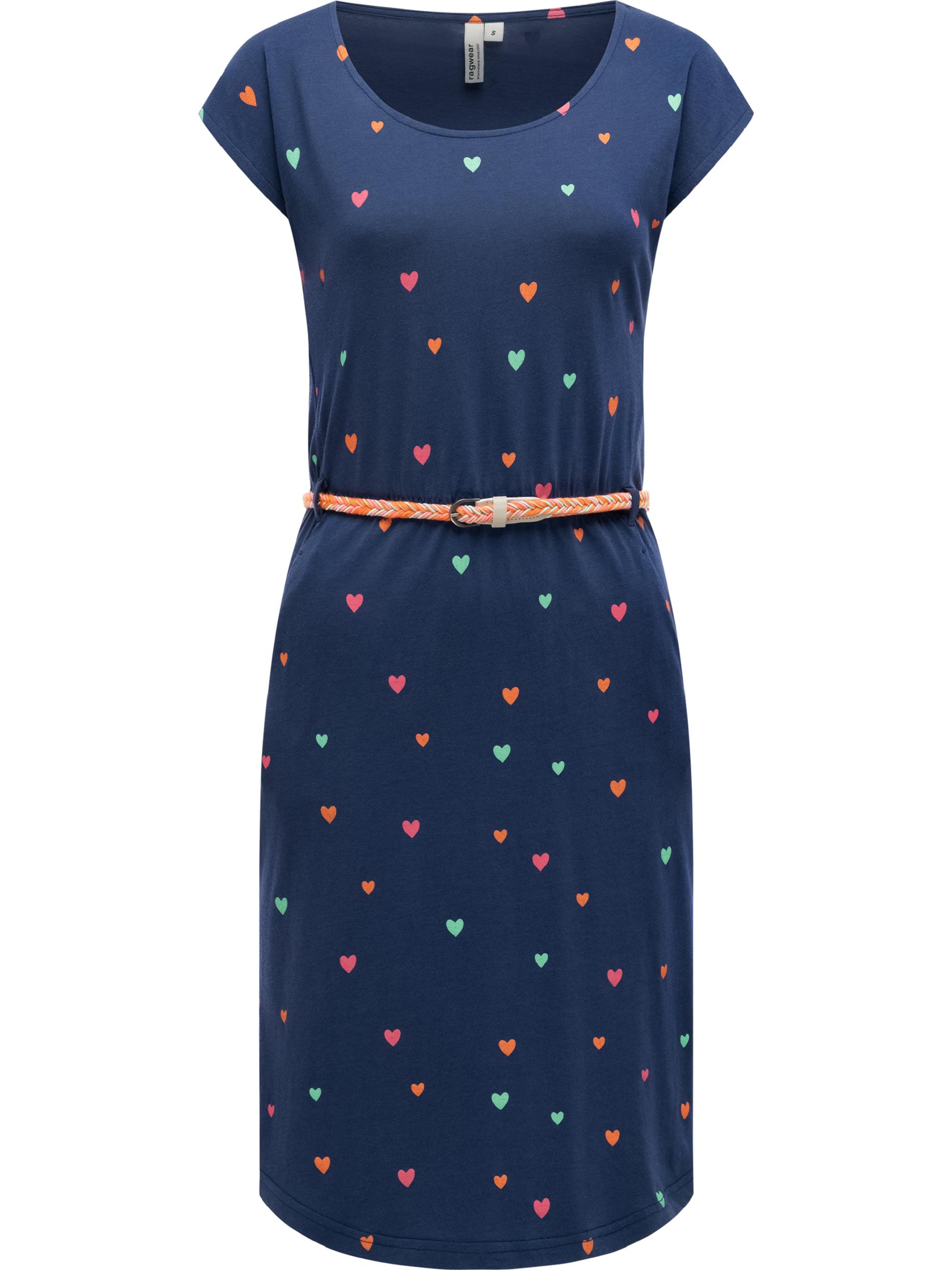 Kurzarm Midikleid mit Herz-Print und Taillengürtel "Lilithe Hearts YOUMODO" Night Blue