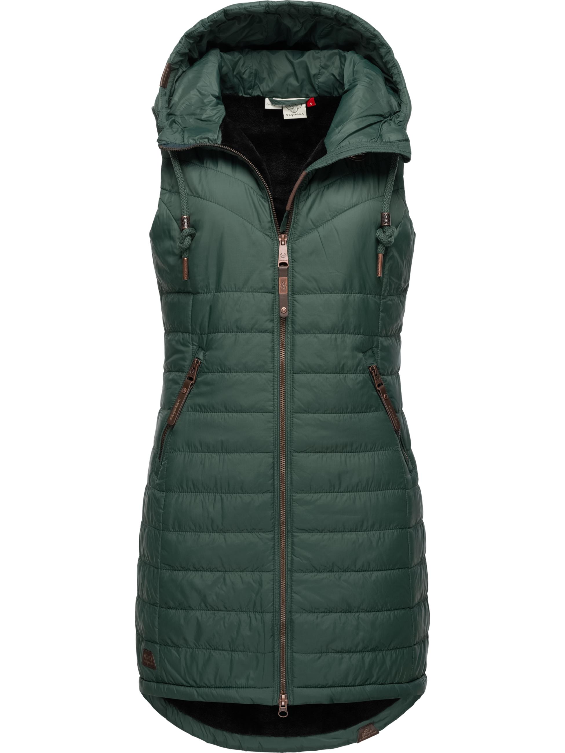 Extralange, warme Steppweste mit Kapuze "Lucinda Vest Long" Dark Green