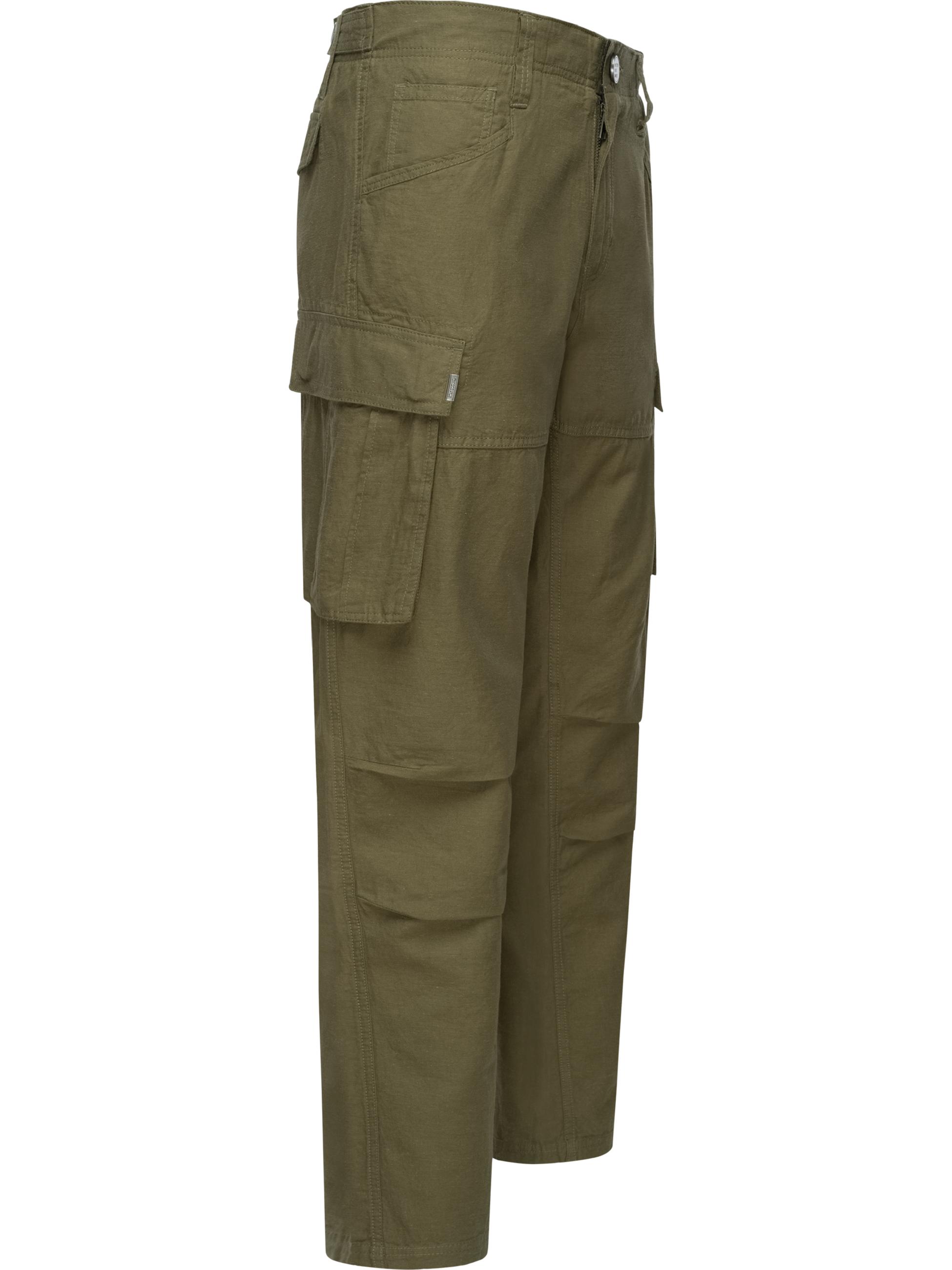 Lange Leinen Cargo-Hose "Merly Long Linen" Dark Olive