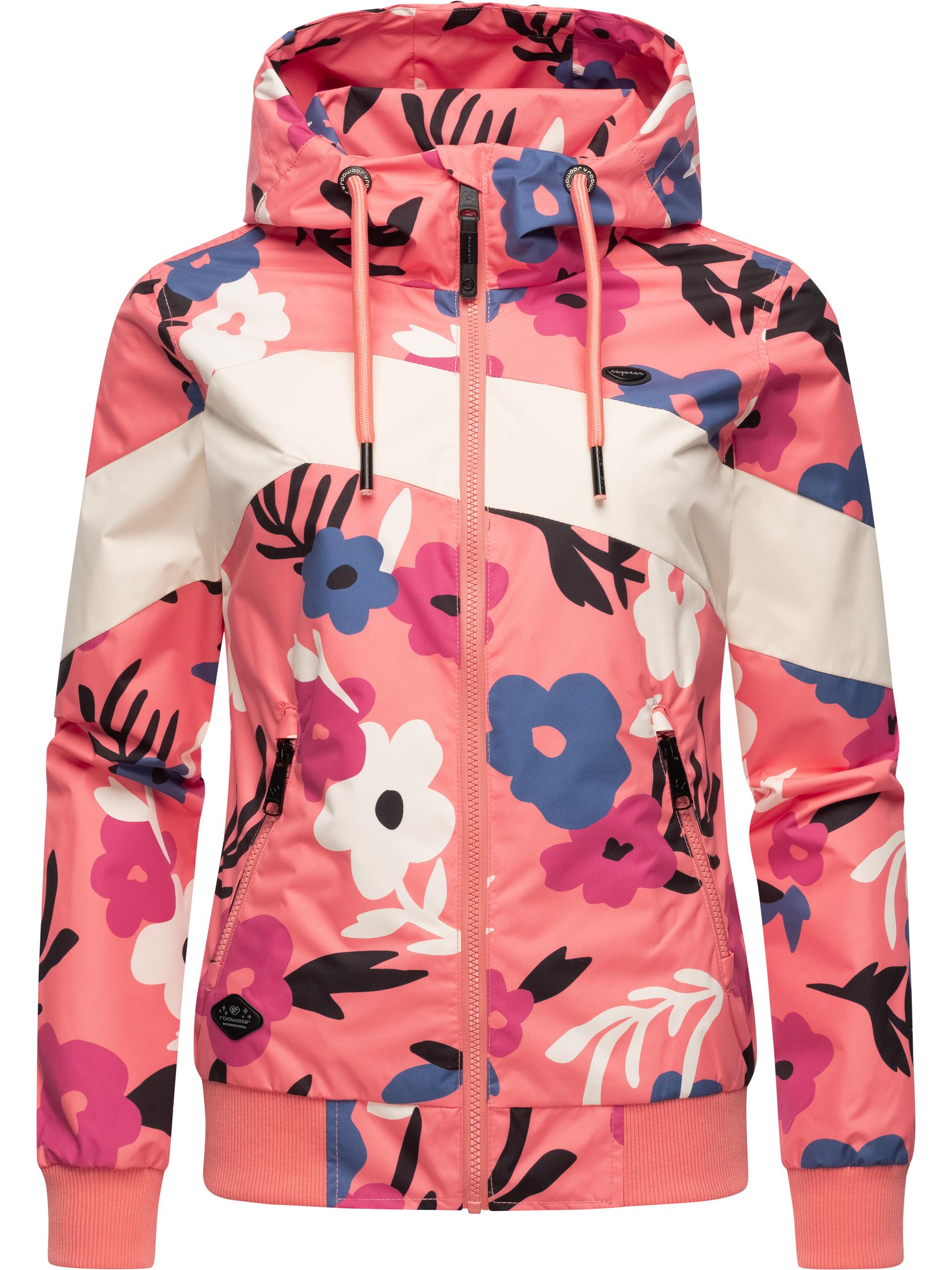 Leichte wasserdichte  Übergangsjacke mit Alloverprint "Nuggie Block Flower" Coral