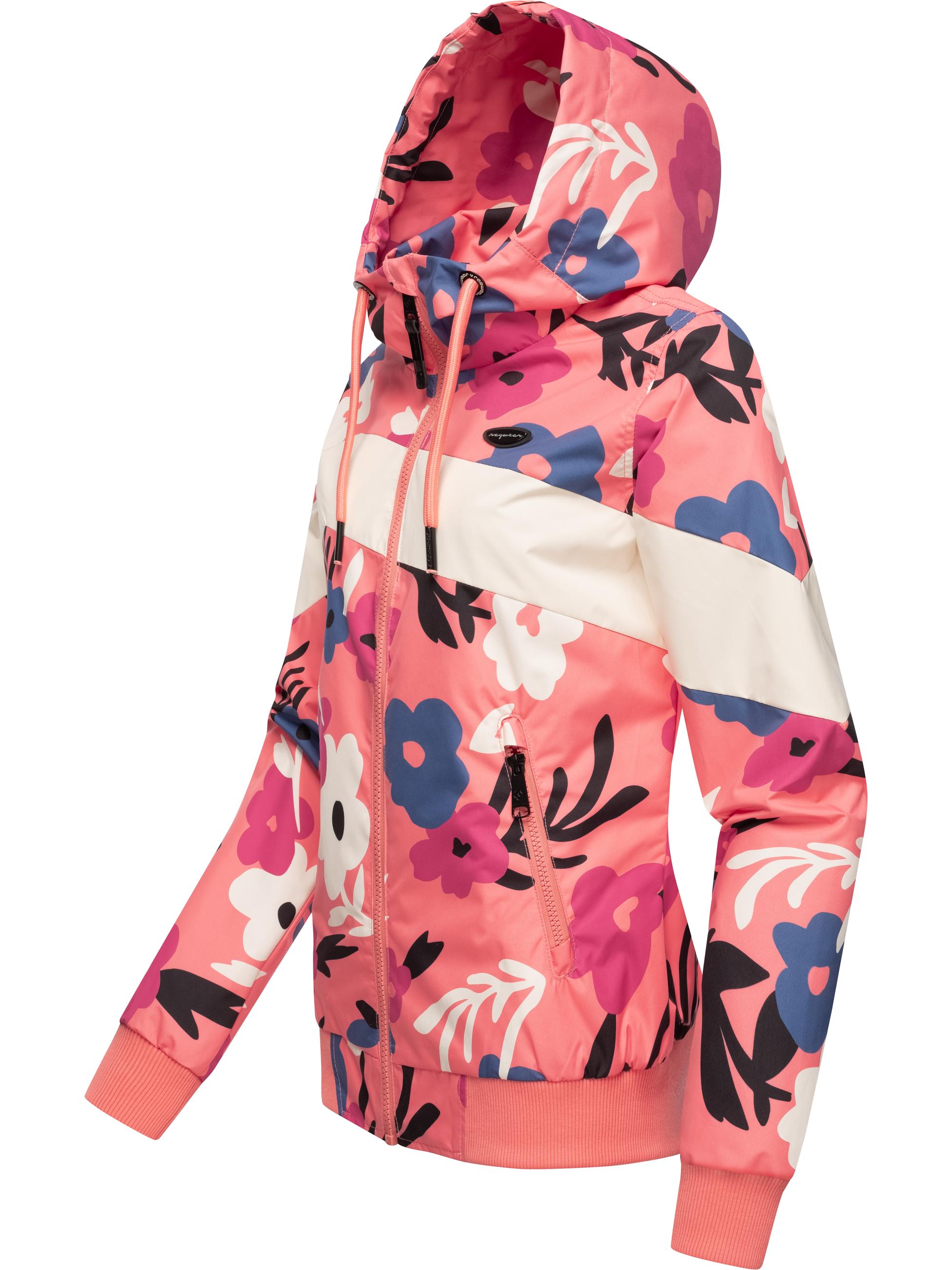 Leichte wasserdichte  Übergangsjacke mit Alloverprint "Nuggie Block Flower" Coral