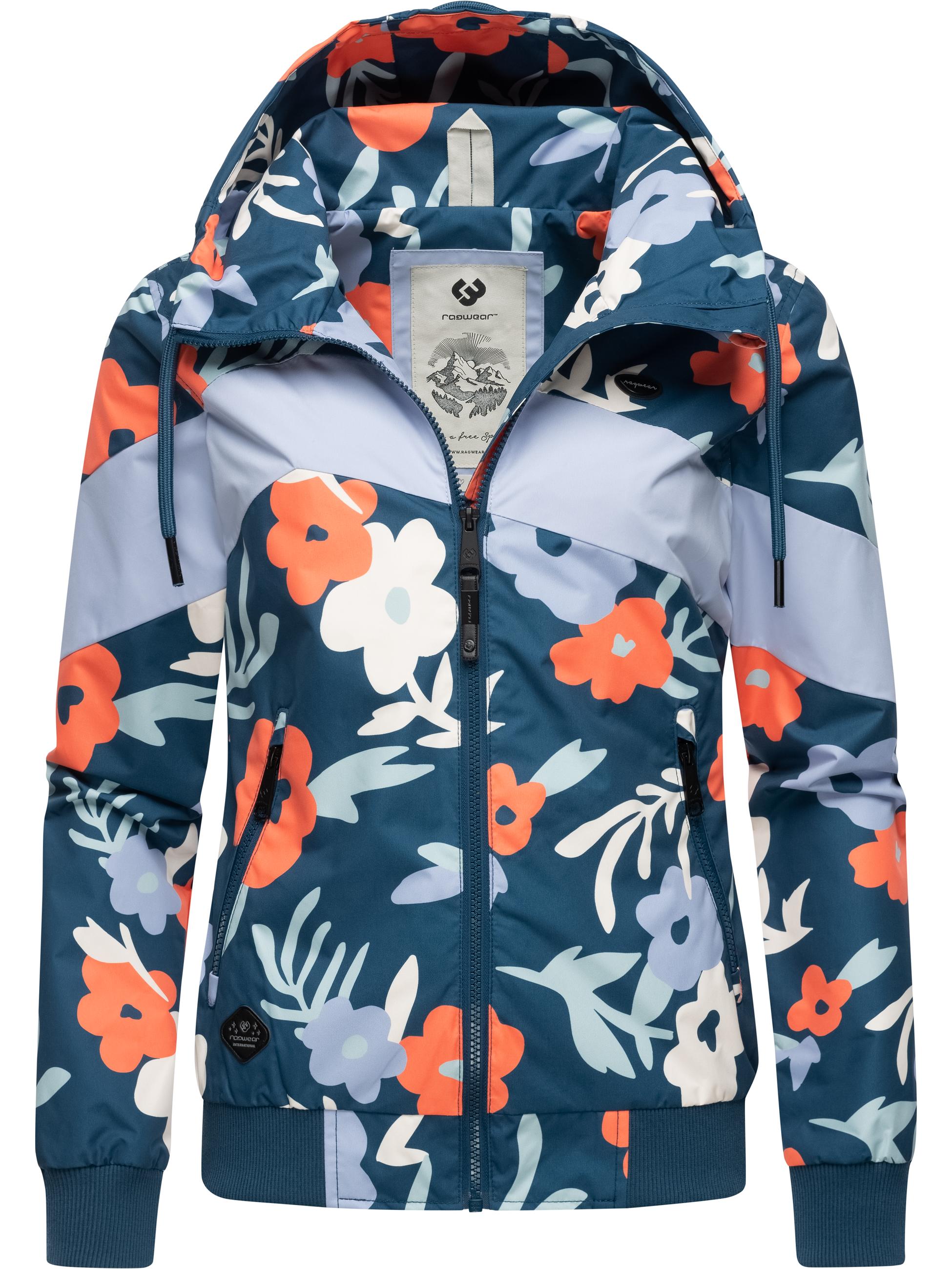 Leichte Übergangsjacke mit Alloverprint "Nuggie Block Flower" Petrol