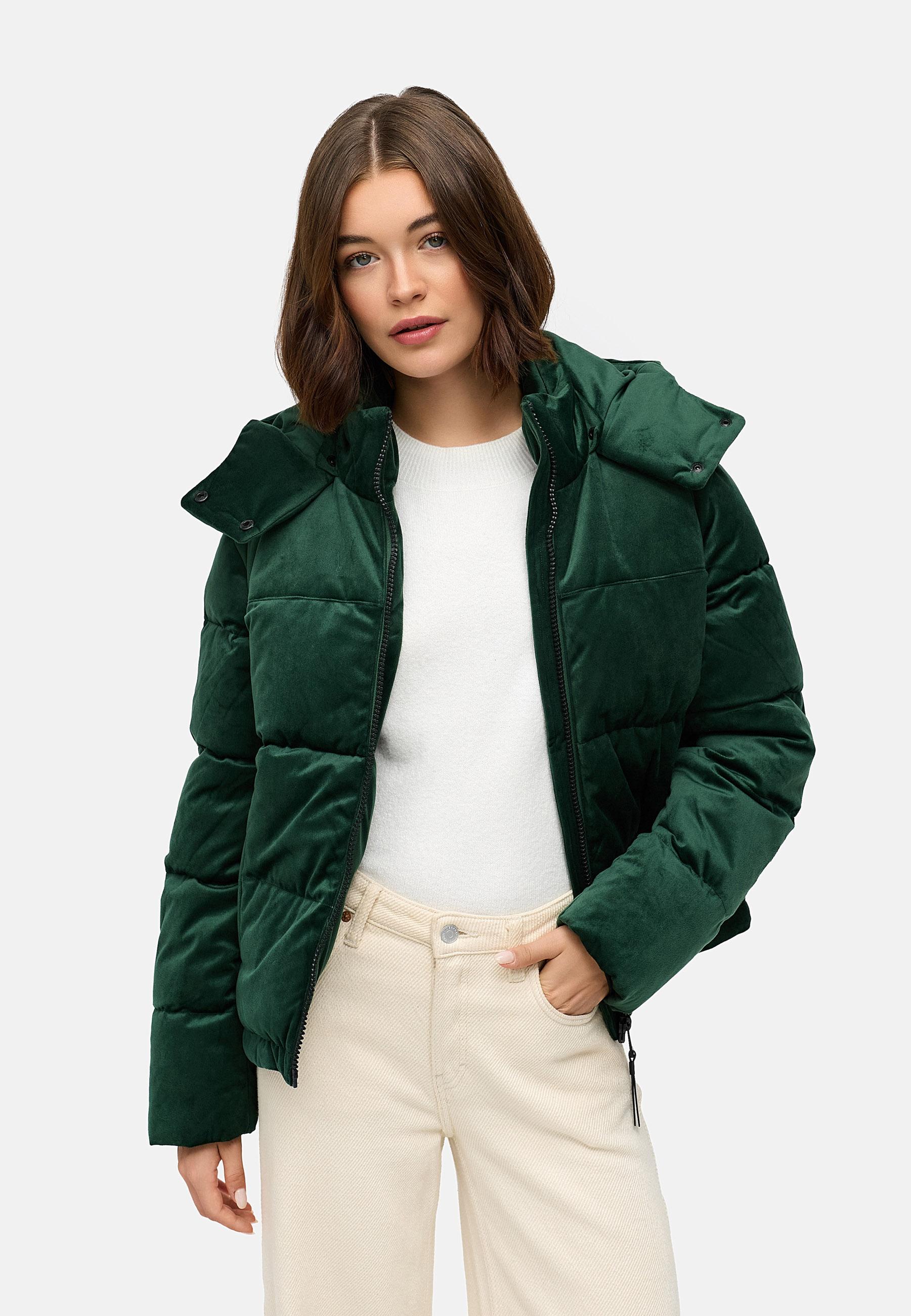 Winter Steppjacke in Samtoptik mit Kapuze "Roobie Velvet YOUMODO" Pine Green