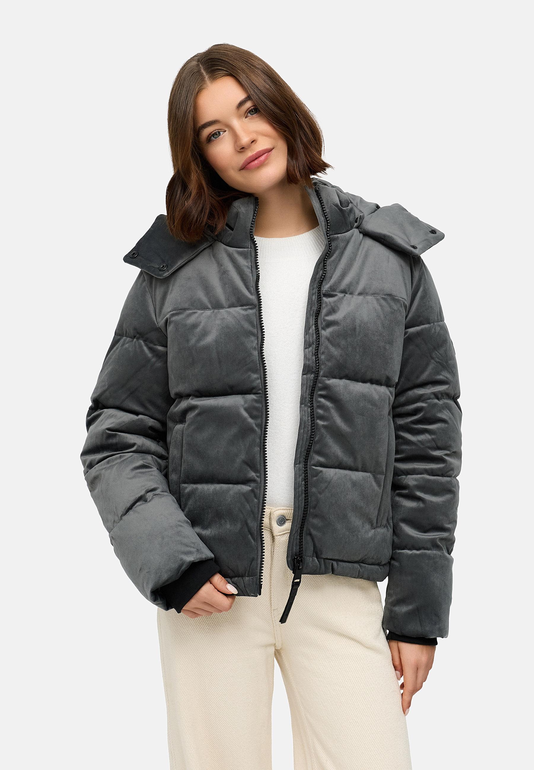 Winter Steppjacke in Samtoptik mit Kapuze "Roobie Velvet YOUMODO" Stone Grey