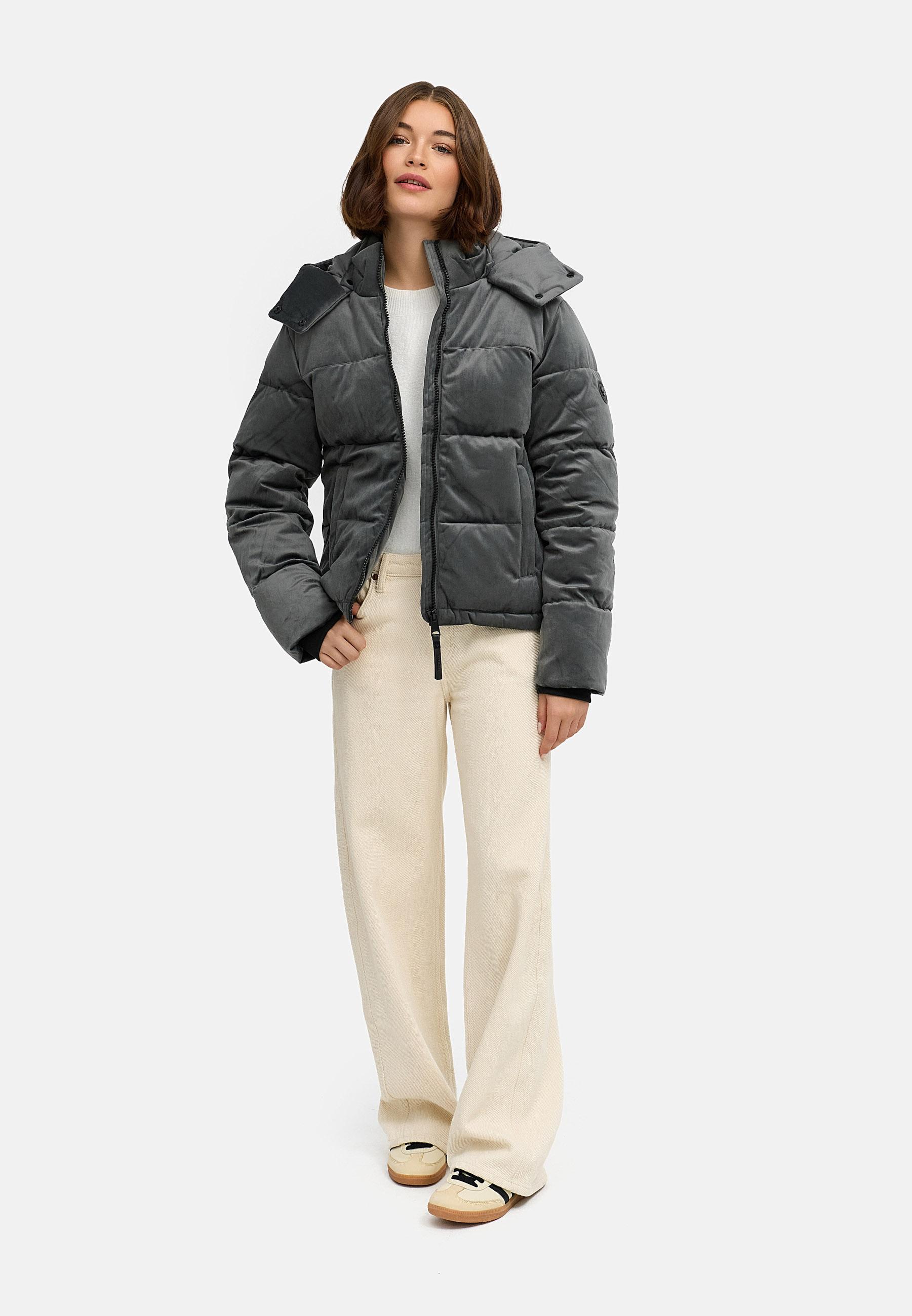 Winter Steppjacke in Samtoptik mit Kapuze "Roobie Velvet YOUMODO" Stone Grey