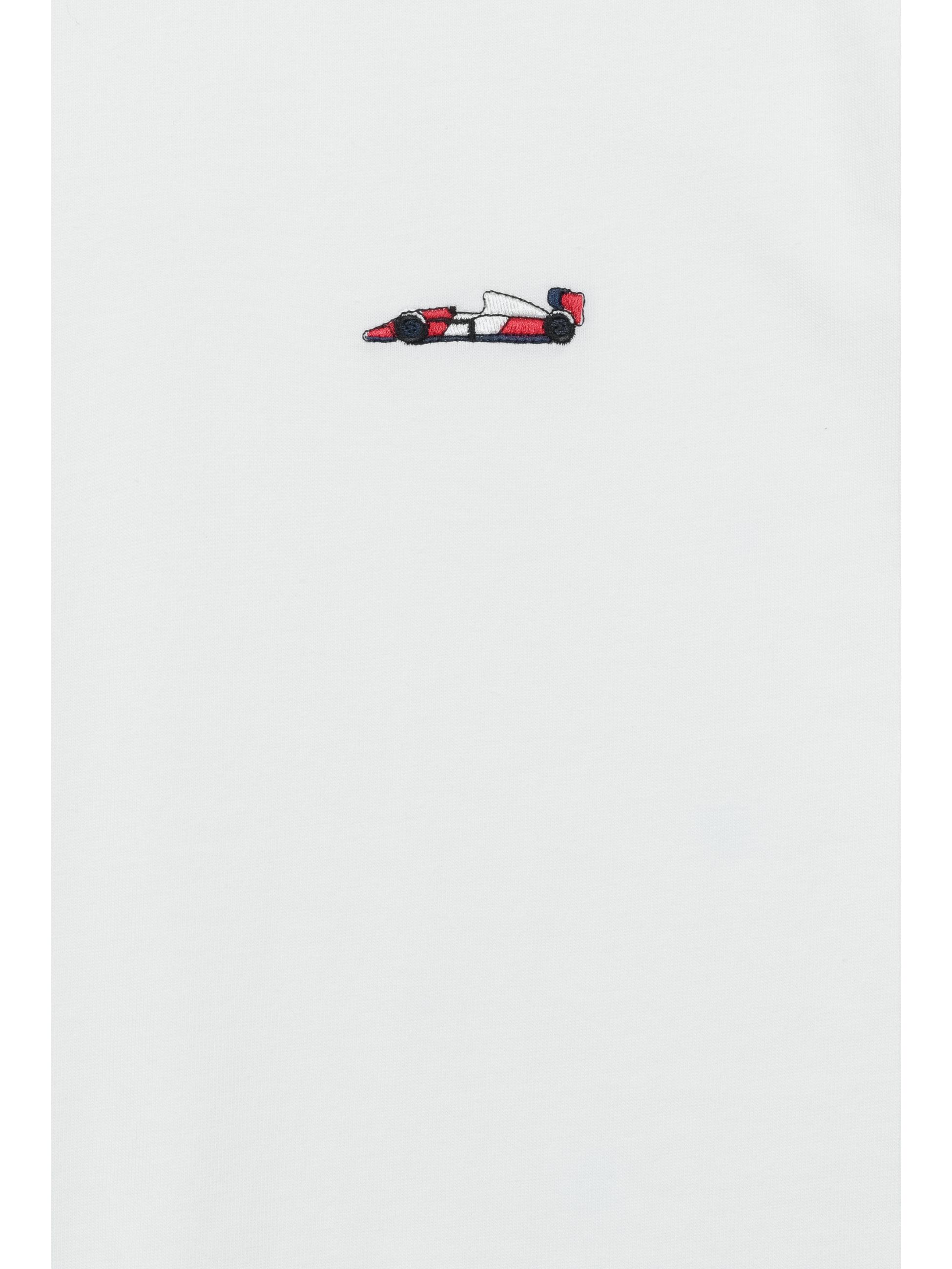 Boxy T-Shirt mit Rennwagen-Stickerei "Samms G Gots YOUMODO" White